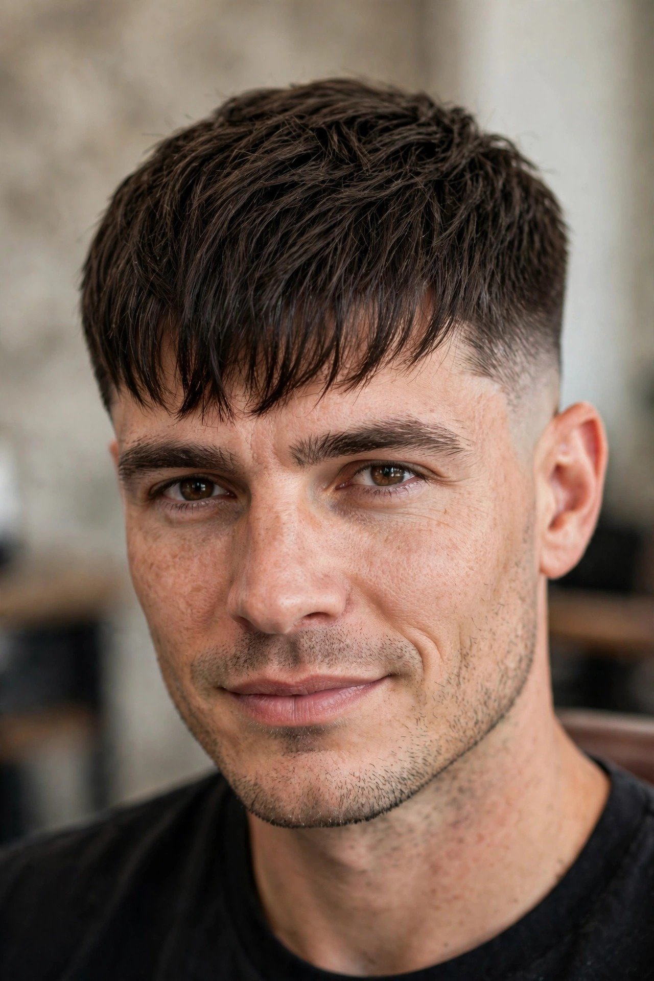 Confident man with perfect french crop haircut in barbershop