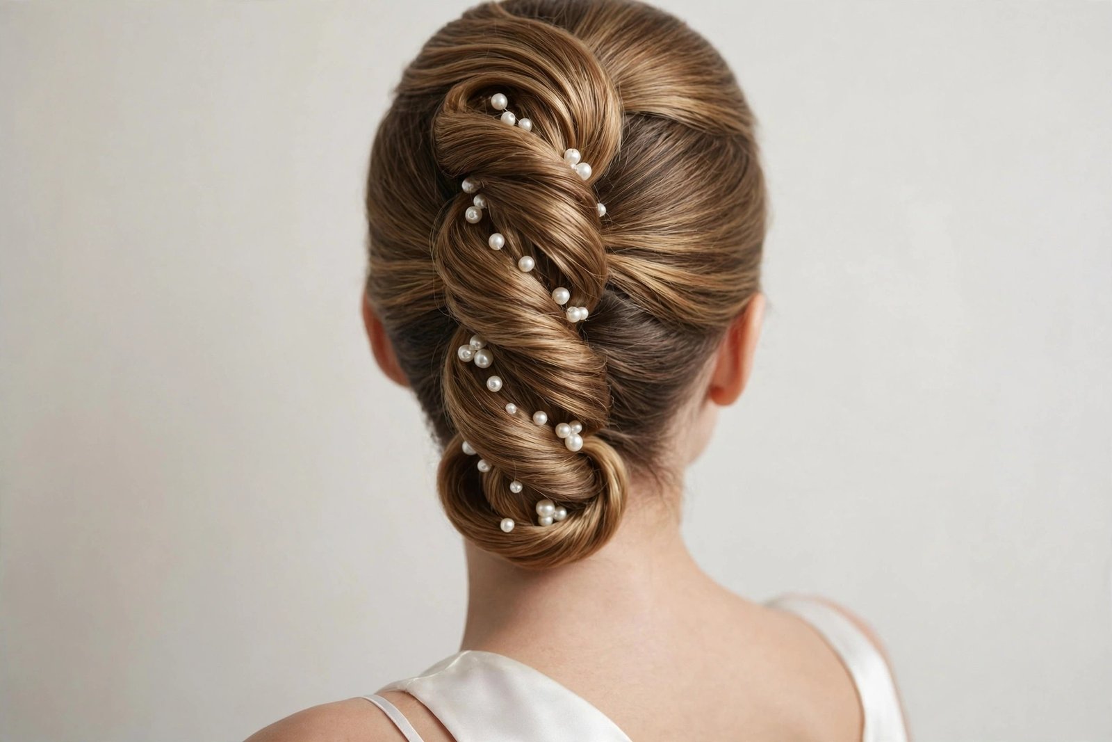 Pearl-pinned bridal French twist for women