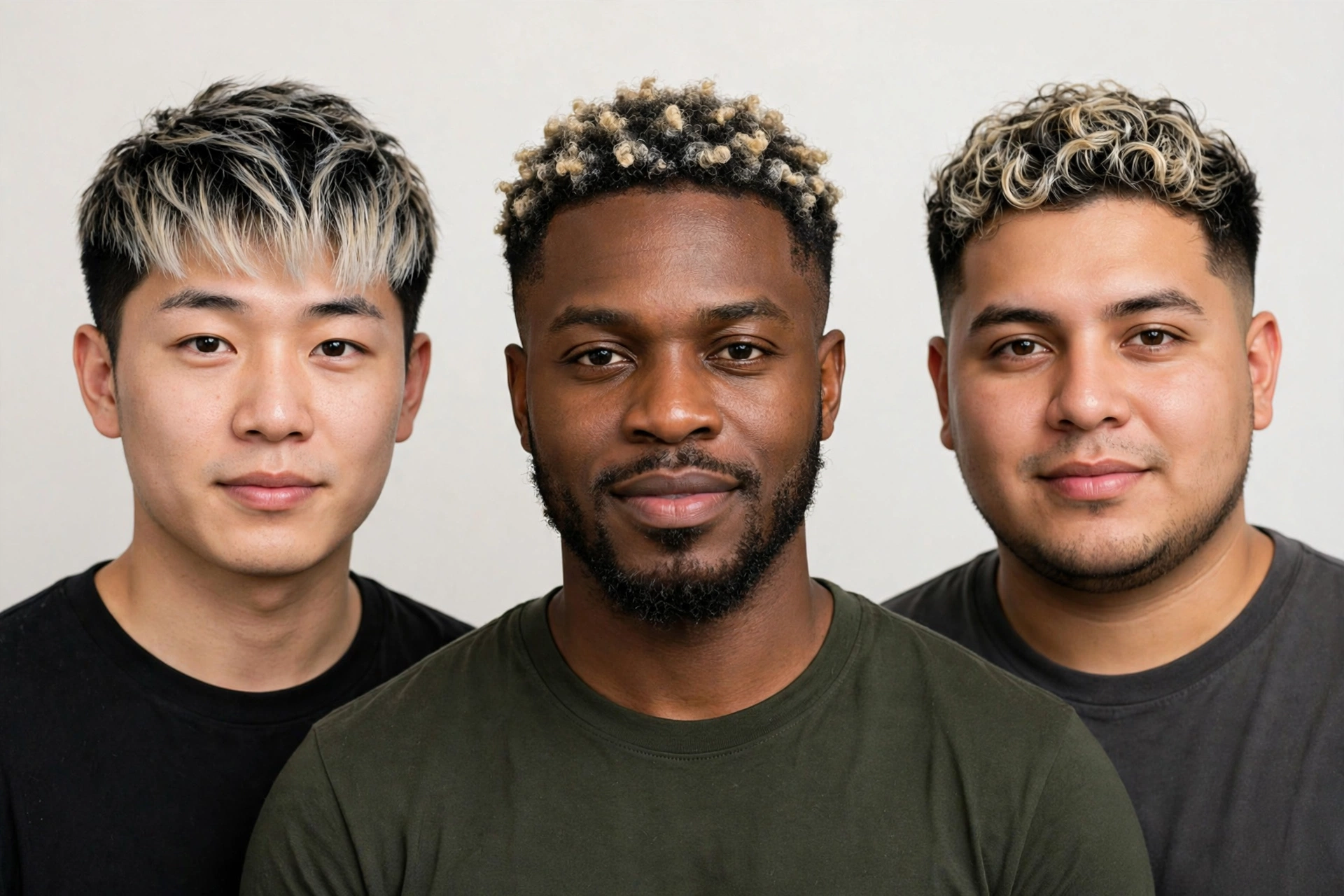 Three diverse men showing different face shapes with frosted tips hairstyles, barbershop portrait photography