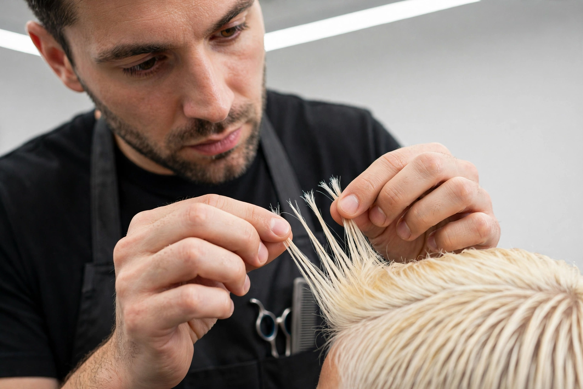 Barber examining healthy bleached hair ends under salon light, professional photography