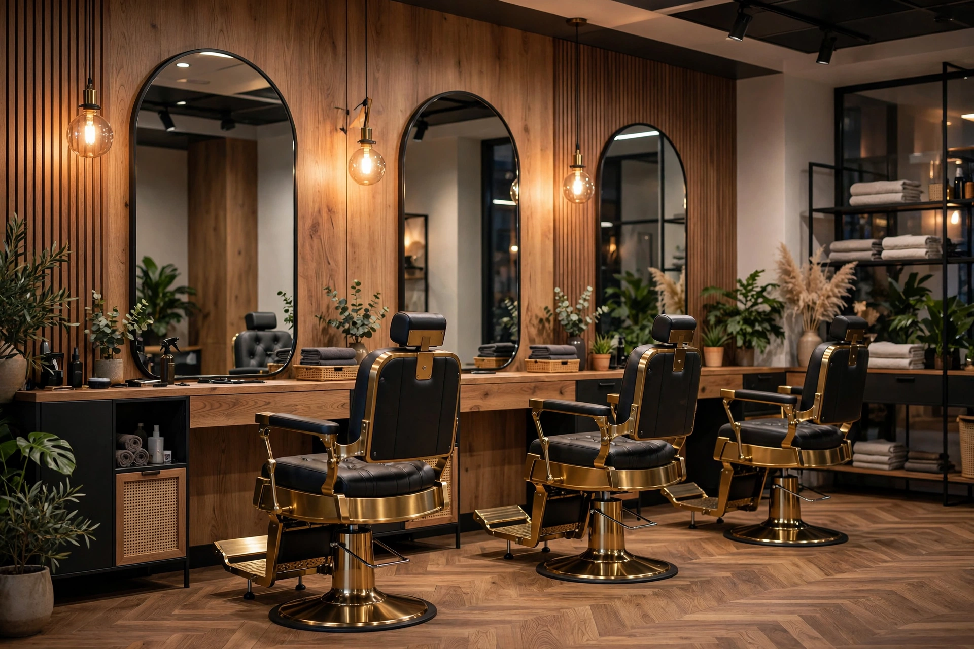 Modern barbershop interior with pricing menu on wall, salon photography