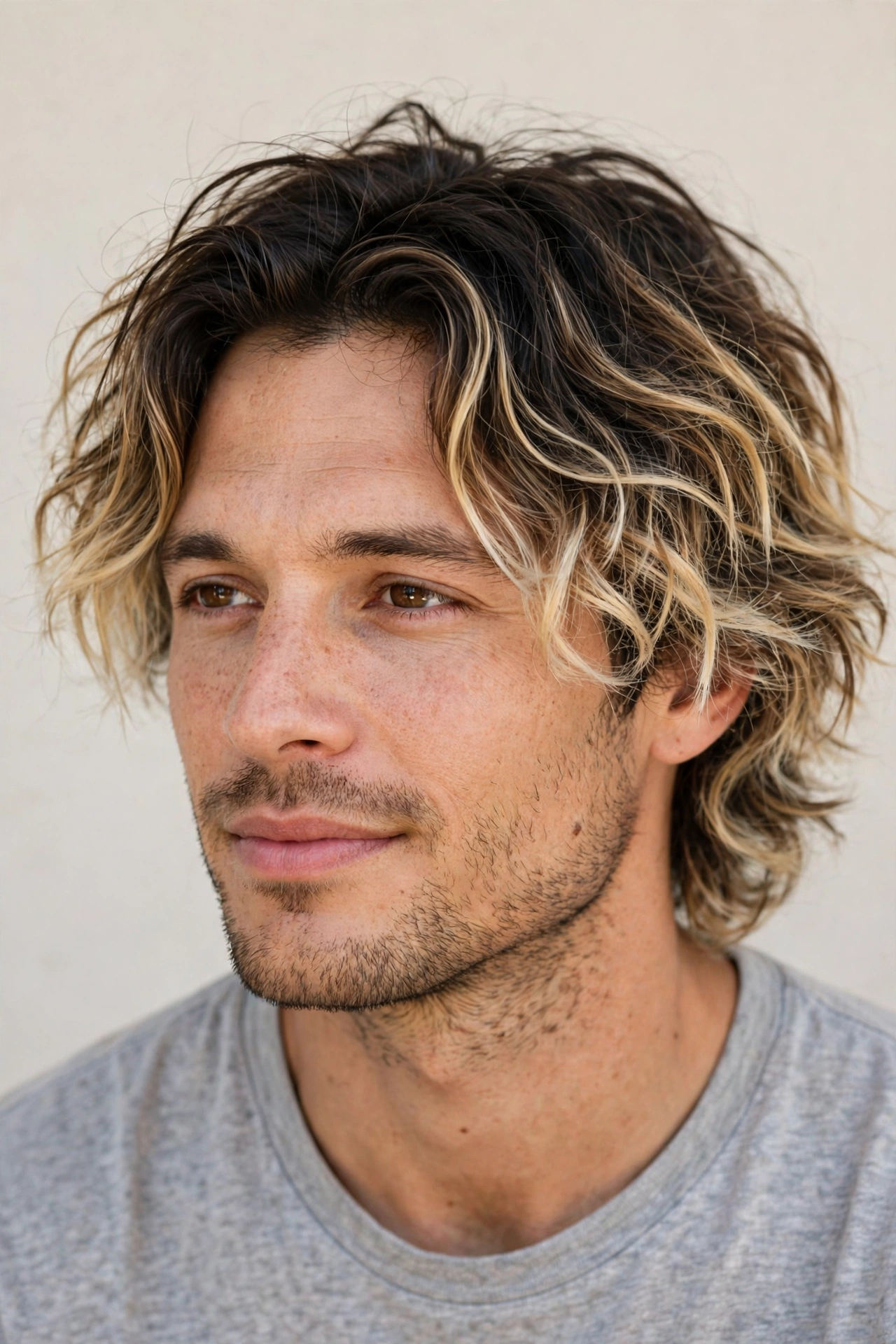 Man with grown-out frosted tips, natural ombre effect with dark roots and blonde ends, lifestyle photography