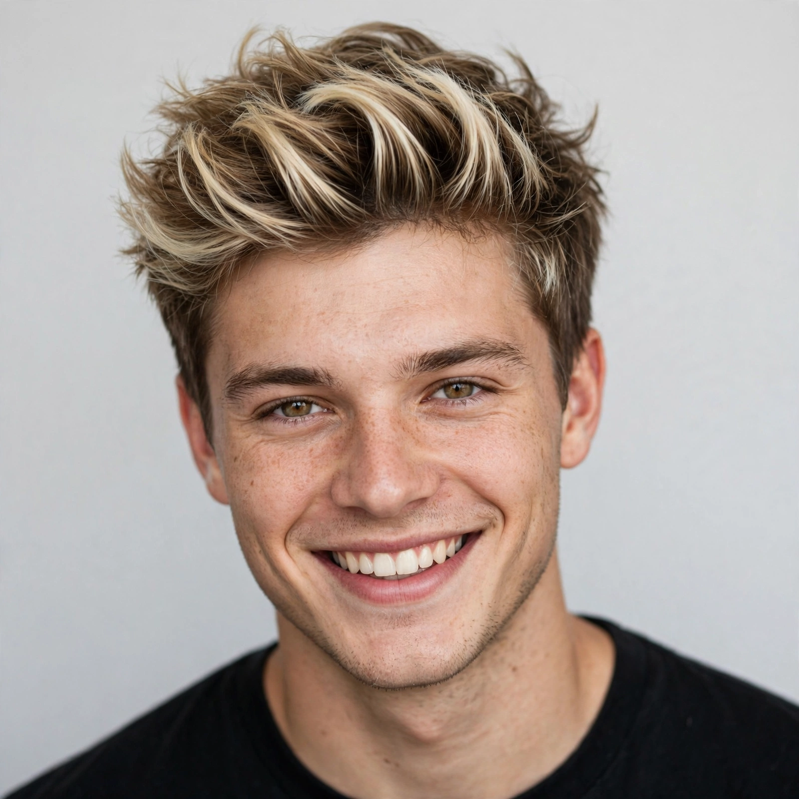 Young man with frosted tips smiling at camera, FAQ-style portrait, premium men's hairstyle photography
