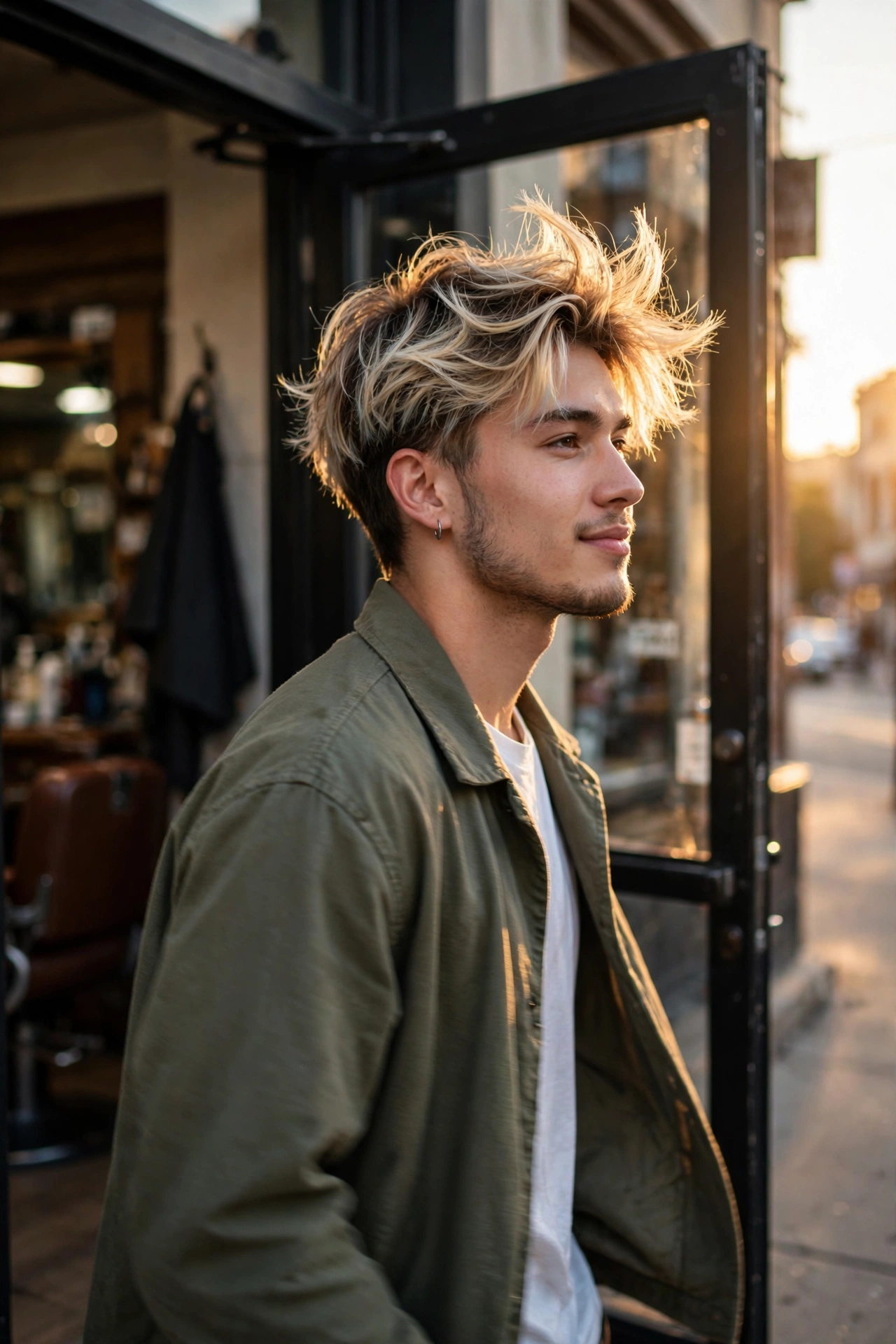 Young man with frosted tips walking out of a barbershop, confident, golden hour light, lifestyle photography
