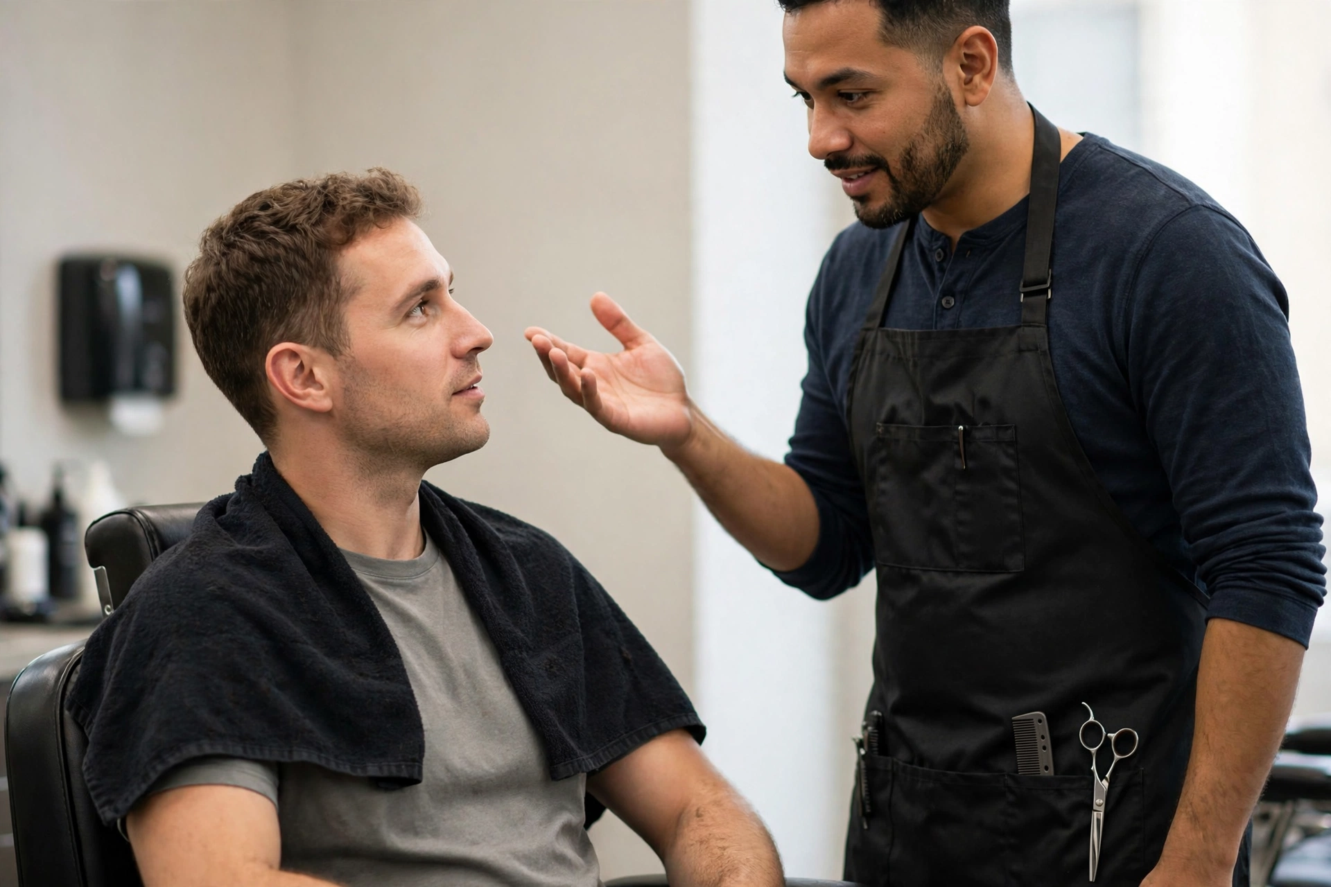 Barber consulting with male client in barbershop chair, discussing hairstyle, professional salon photography