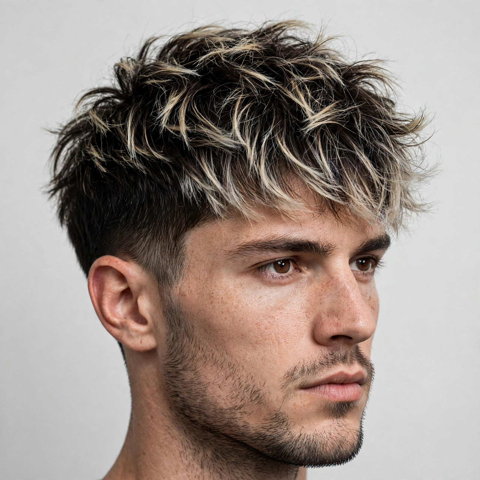 Textured crop haircut with frosted blonde tips on dark hair, messy textured top, premium men's hairstyle photography