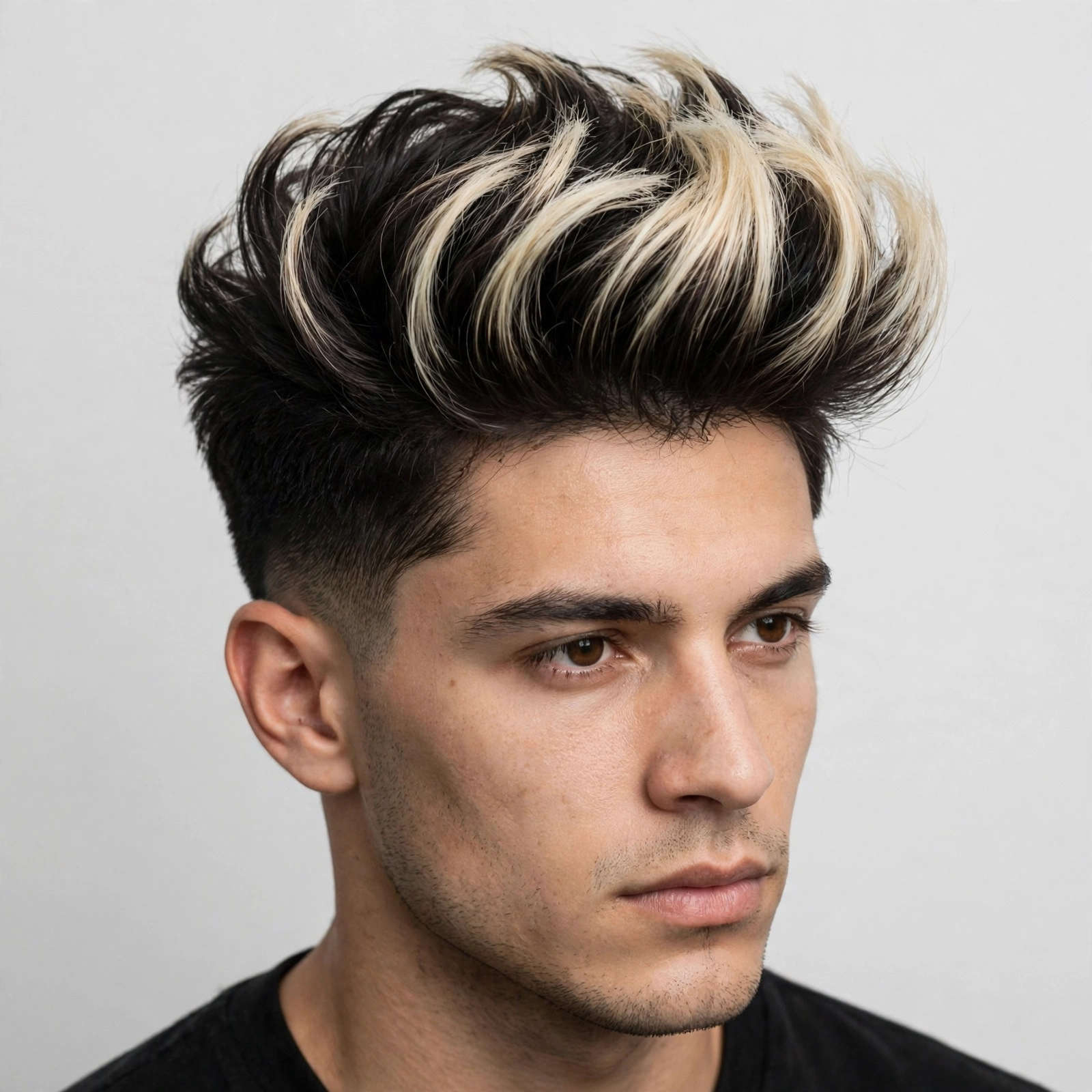 Modern quiff haircut with frosted bleached tips, voluminous styled quiff with blonde ends on dark hair, premium men's hairstyle photography