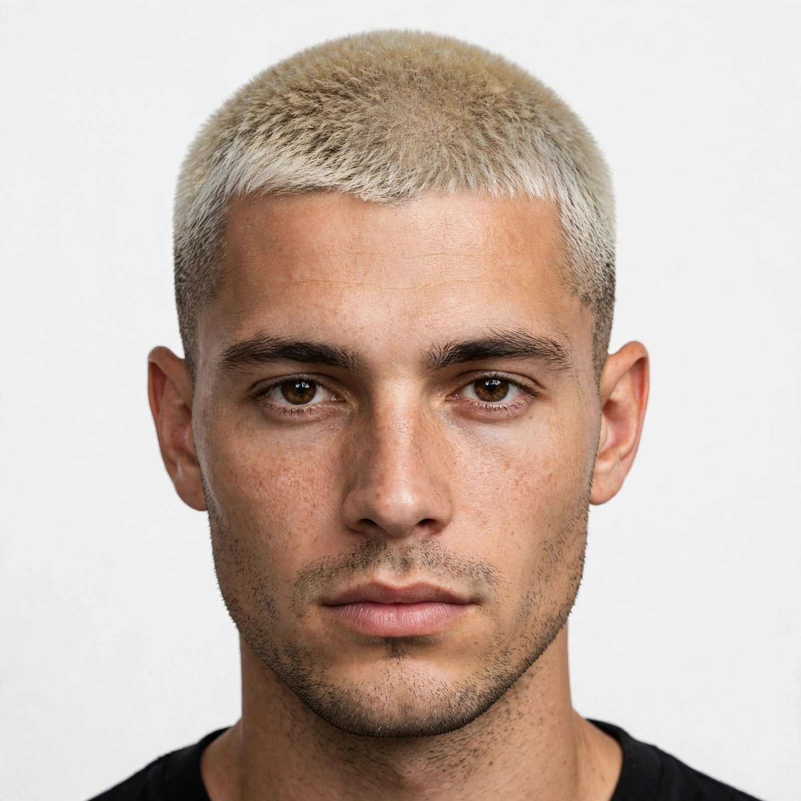 Buzz cut with frosted blonde tips, short even buzzed hair with bleached blonde top and dark faded sides, premium men's hairstyle photography