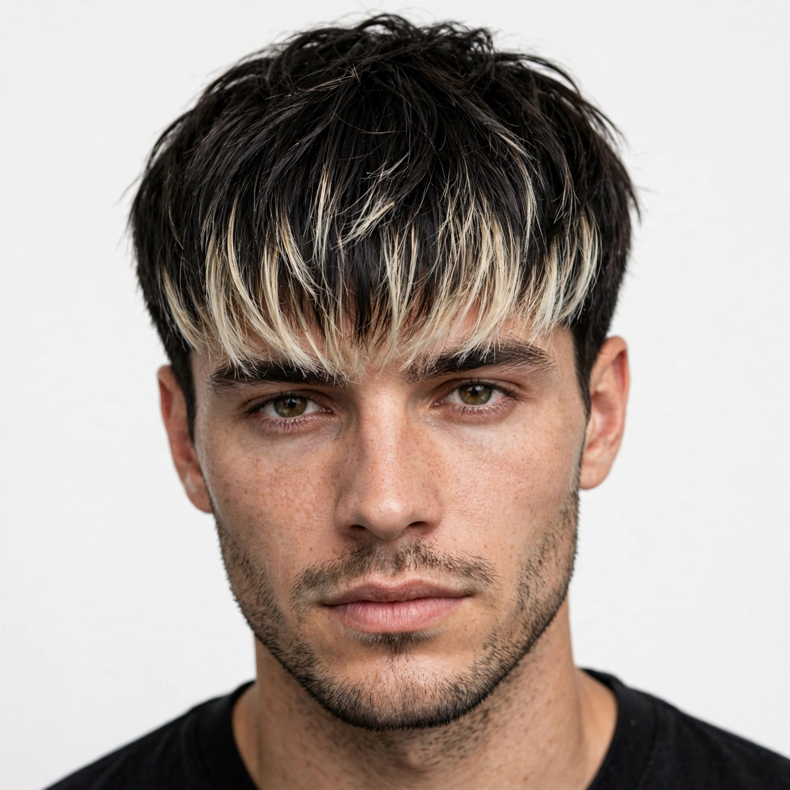 Men's fringe haircut with frosted blonde tips, forward fringe with bleached ends on dark hair, premium men's hairstyle photography