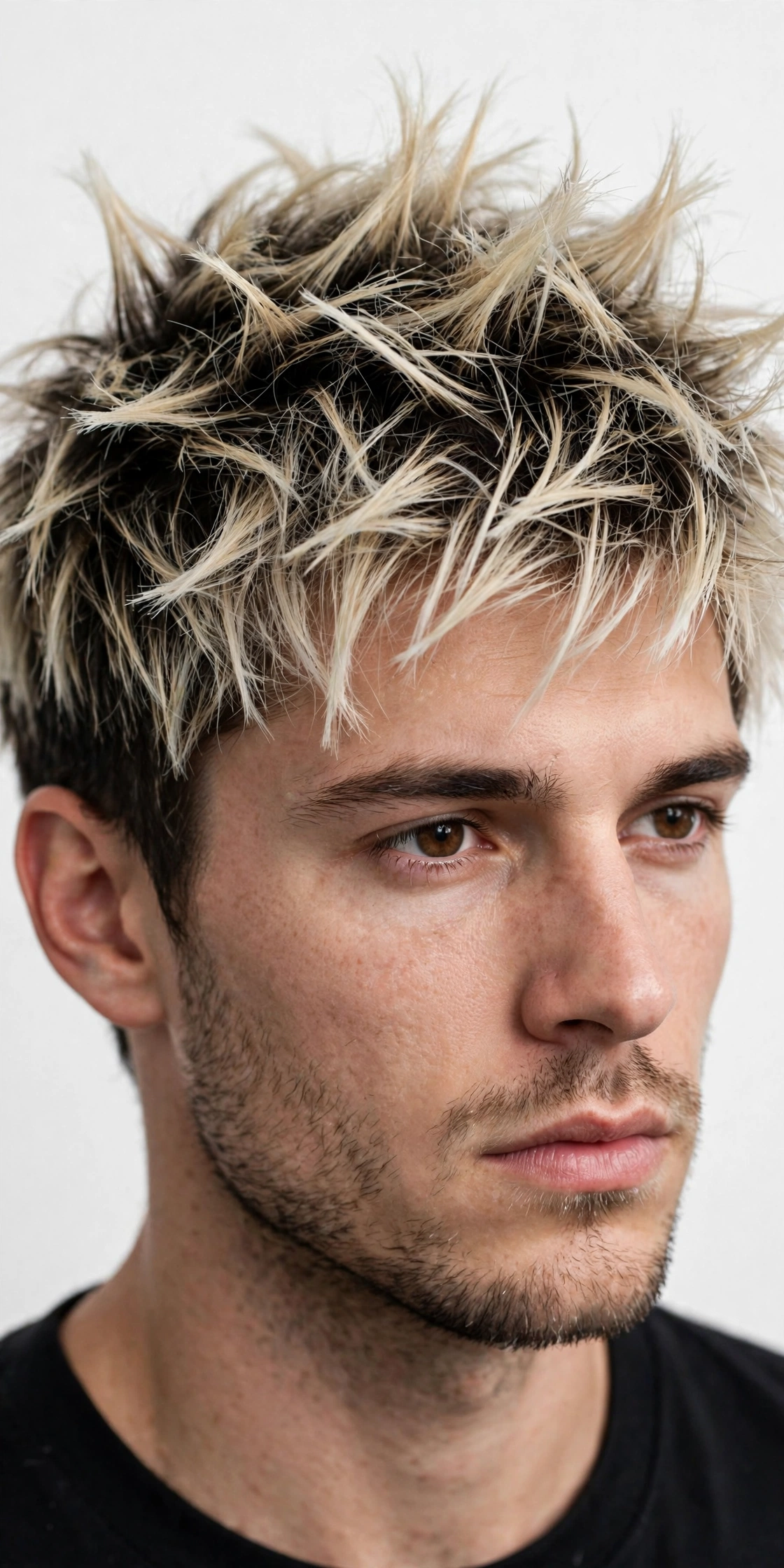 Messy spiky hair with frosted blonde tips, loose separated spikes with bleached ends, premium men's hairstyle photography