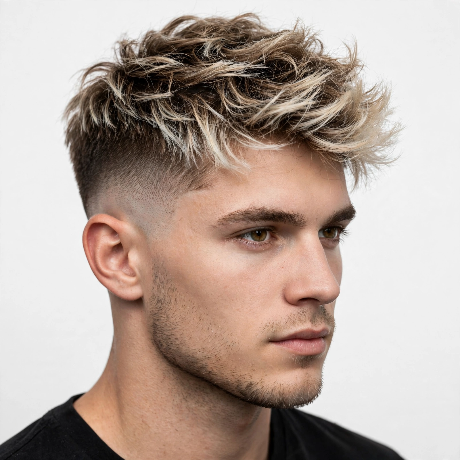 Mid skin fade haircut with frosted blonde tips on textured top, sharp faded sides, premium men's hairstyle photography