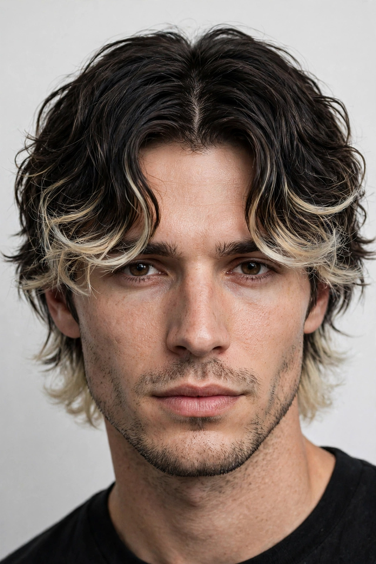 Curtain bangs men's hairstyle with frosted blonde tips, middle part curtains with bleached ends on dark hair, premium men's hairstyle photography