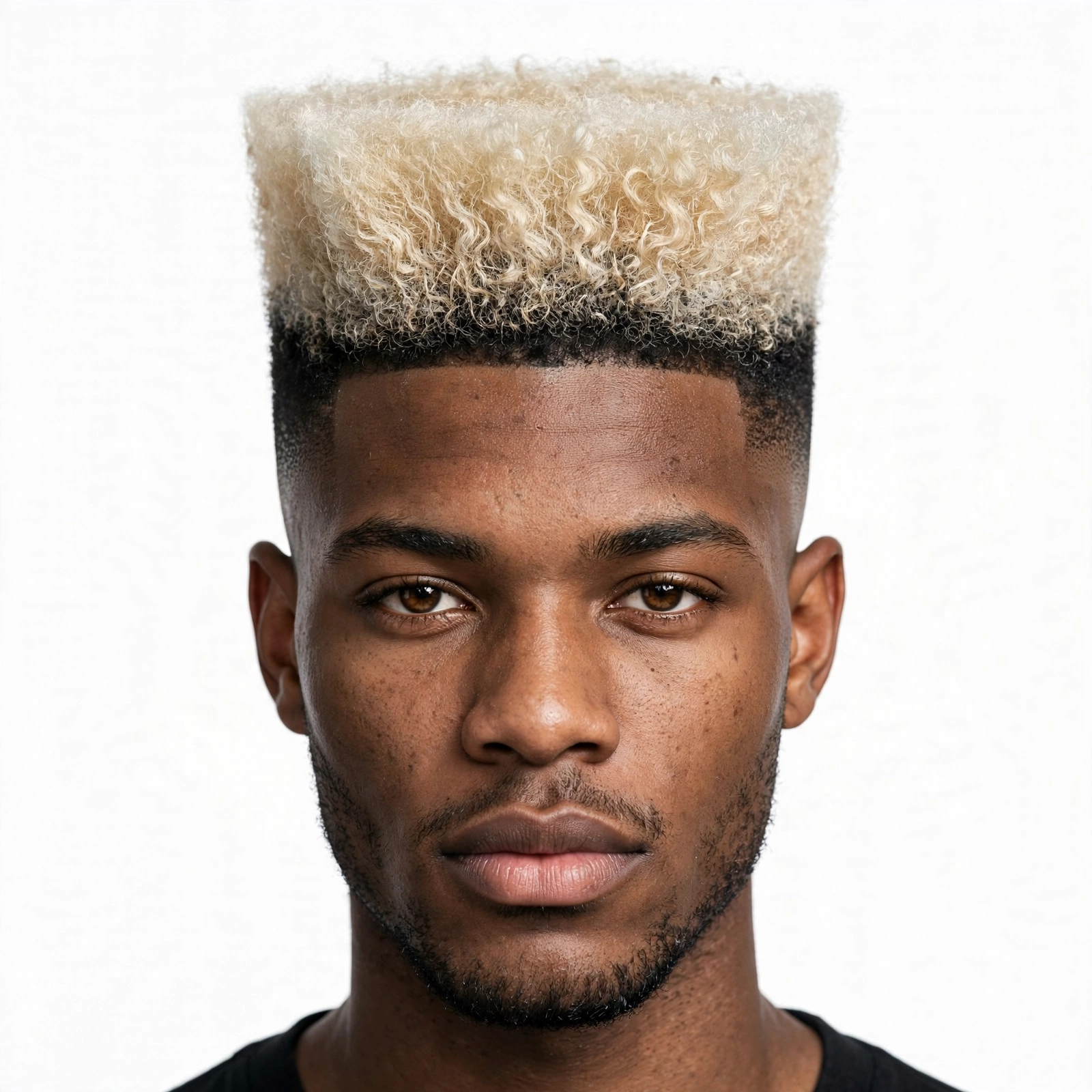 High-top fade haircut with frosted blonde tips, tall flat top with bleached blonde ends and faded sides, premium men's hairstyle photography