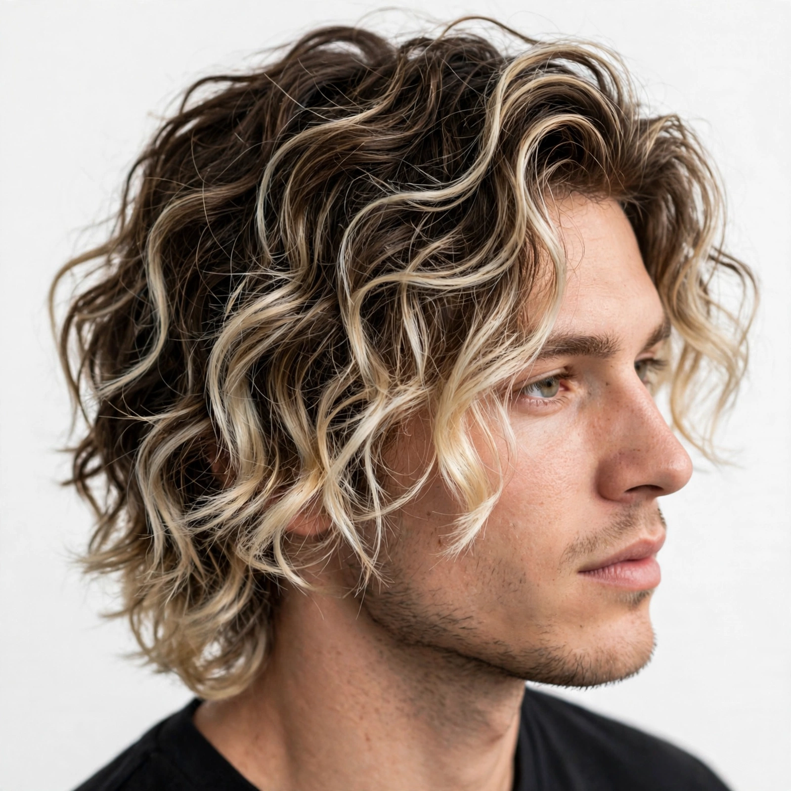 Wavy men's hair with frosted blonde tips, natural waves with bleached ends, premium men's hairstyle photography