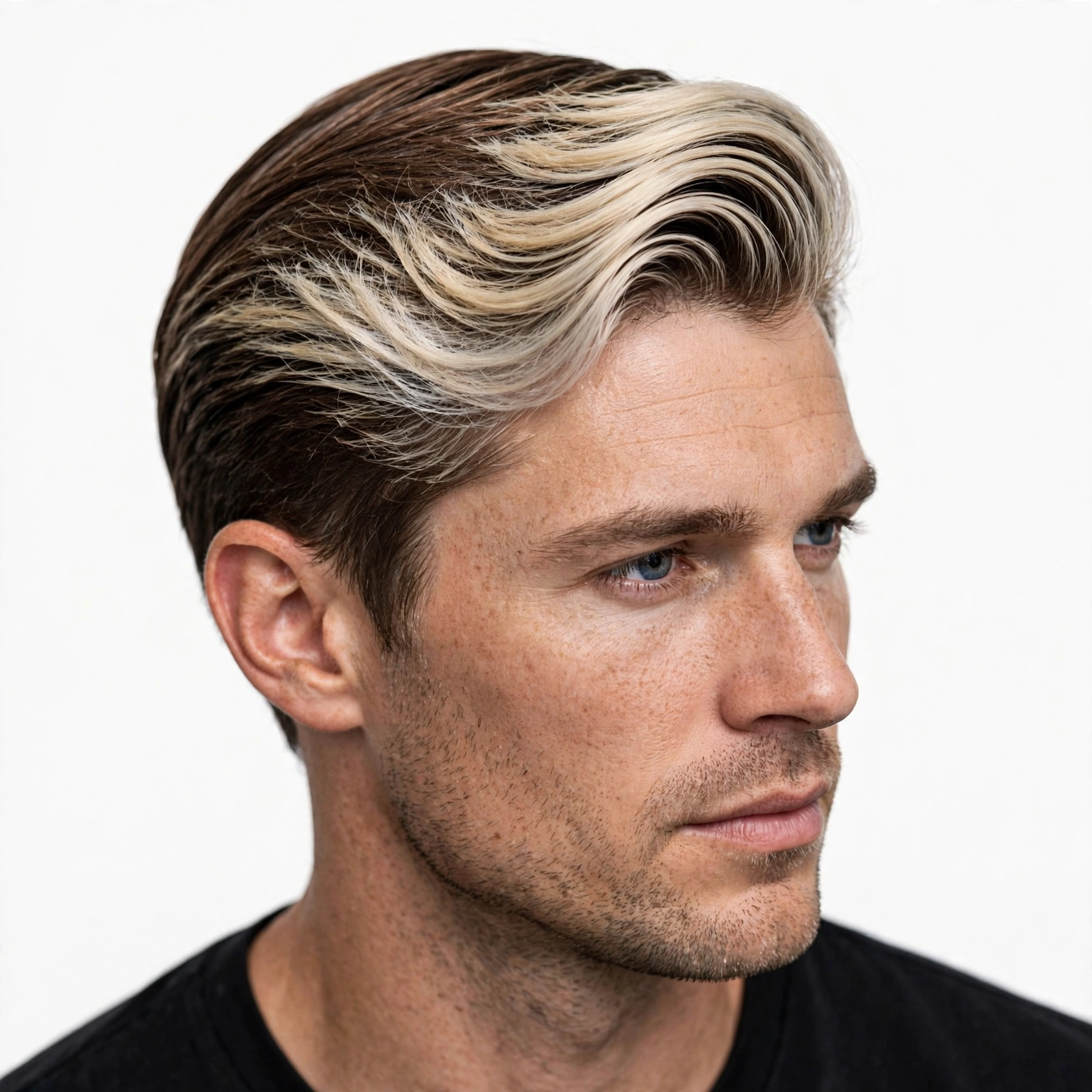 Classic comb over men's haircut with frosted blonde tips, side-parted style with bleached ends, premium men's hairstyle photography