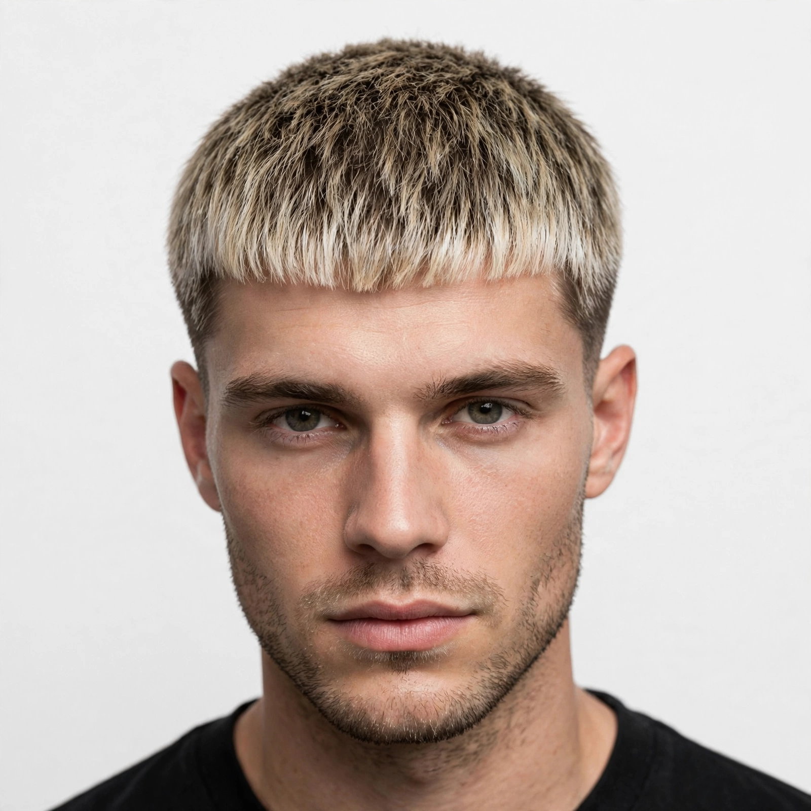 Caesar cut with frosted blonde tips, short even haircut with straight fringe and bleached ends, premium men's hairstyle photography