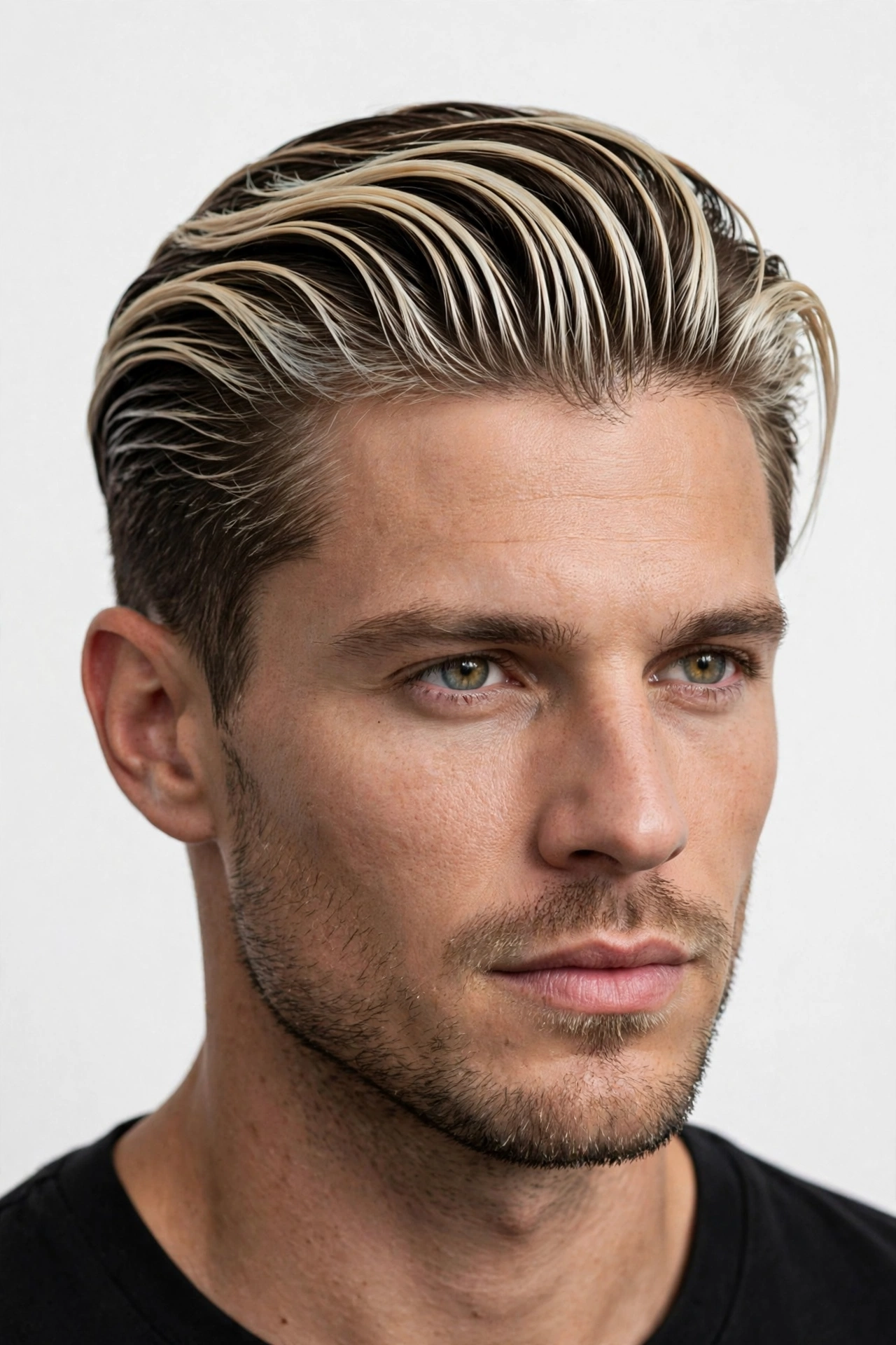 Slicked-back men's hair with frosted blonde tips, hair swept back with bleached ends, premium men's hairstyle photography