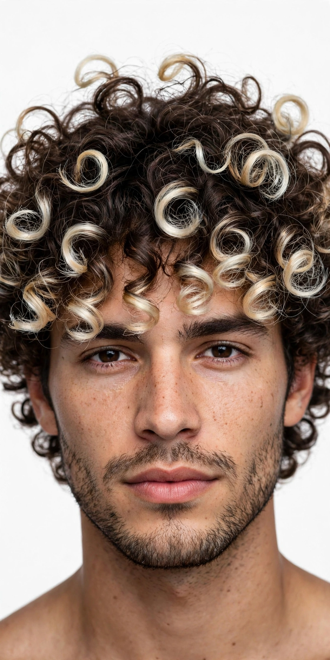 Curly men's hair with frosted blonde tips, defined curls with bleached ends, premium men's hairstyle photography