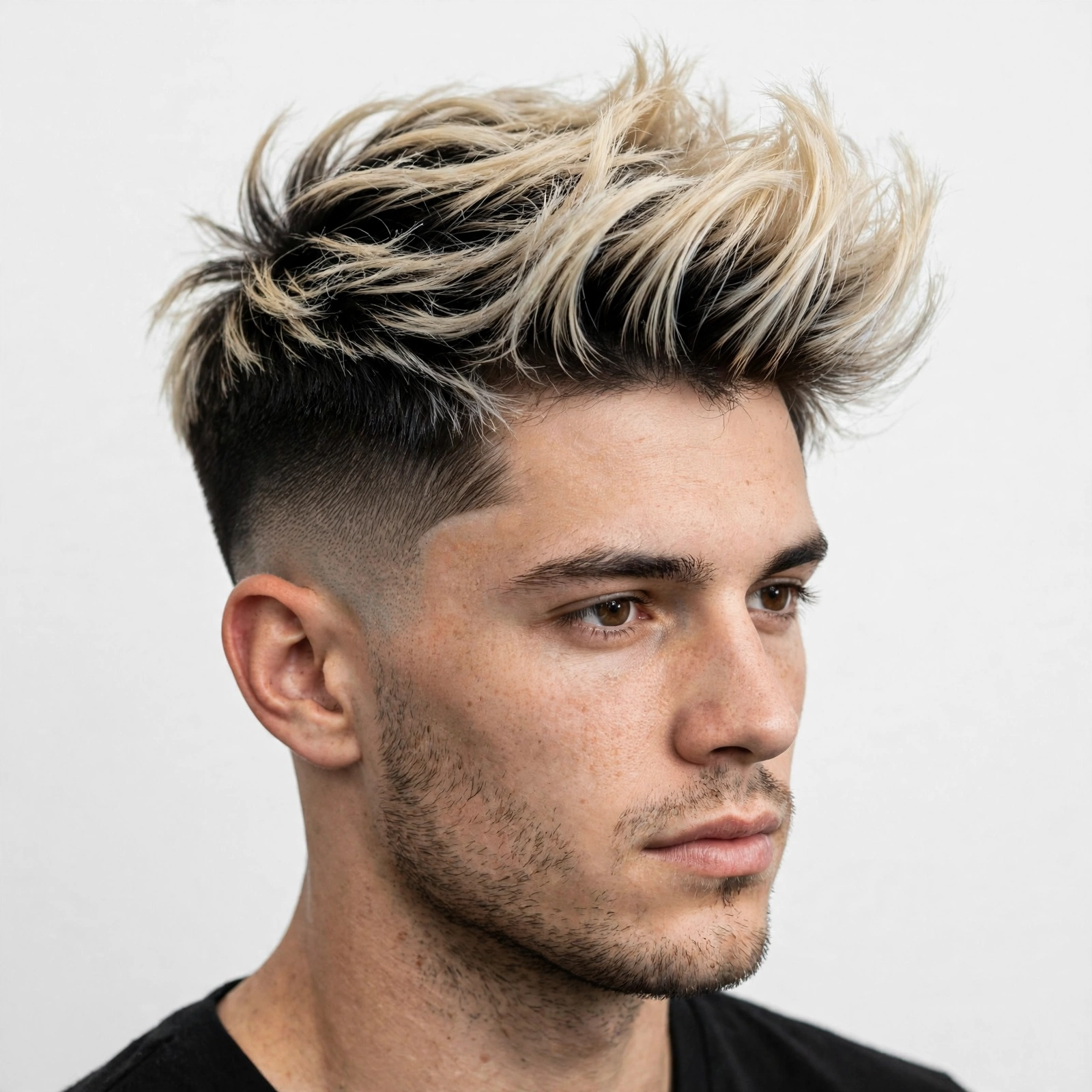 Undercut with frosted blonde tips, long bleached-tipped top with disconnected short dark sides, premium men's hairstyle photography
