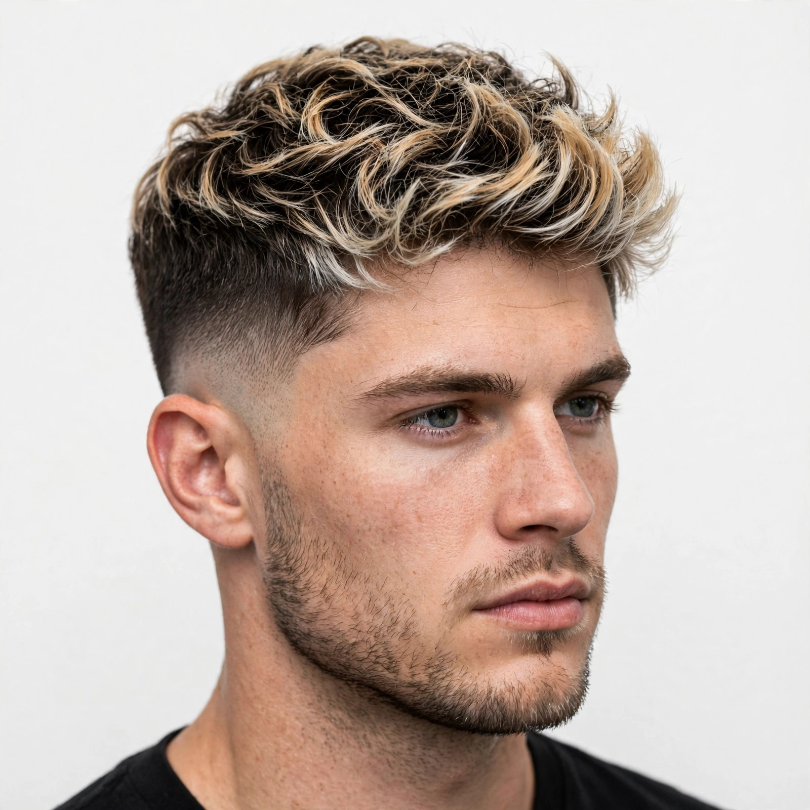 Taper fade haircut with frosted blonde tips on textured top, classic tapered sides, premium men's hairstyle photography