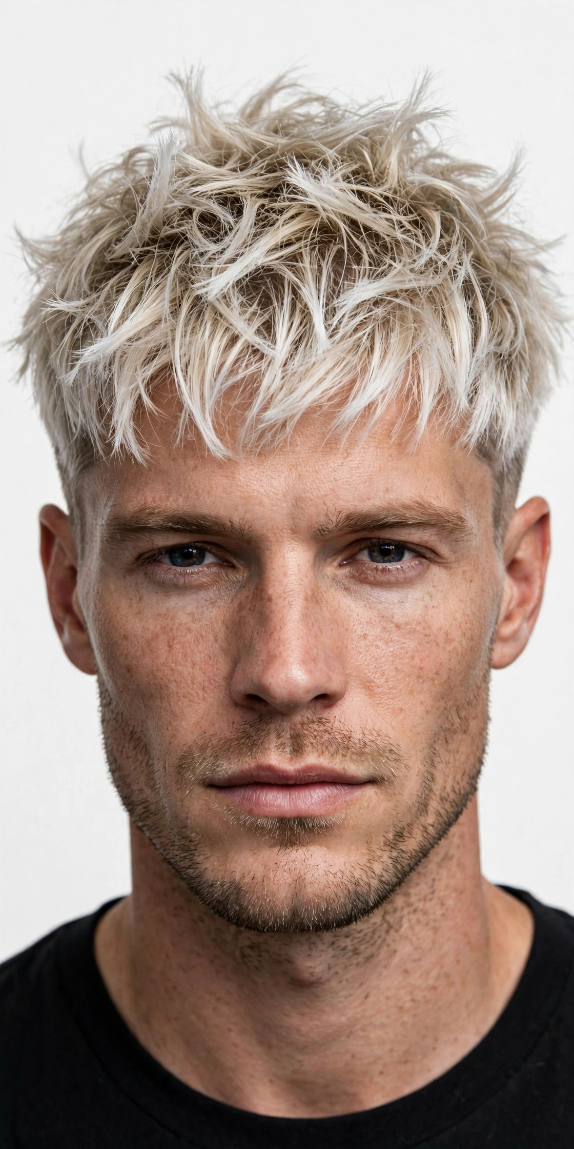 Platinum tousled crop with frosted white-blonde tips, choppy messy texture, premium men's hairstyle photography