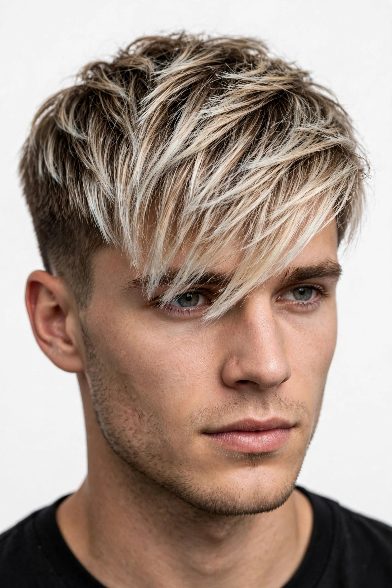 Asymmetric fringe men's haircut with frosted blonde tips, diagonal swept fringe with bleached ends, premium men's hairstyle photography