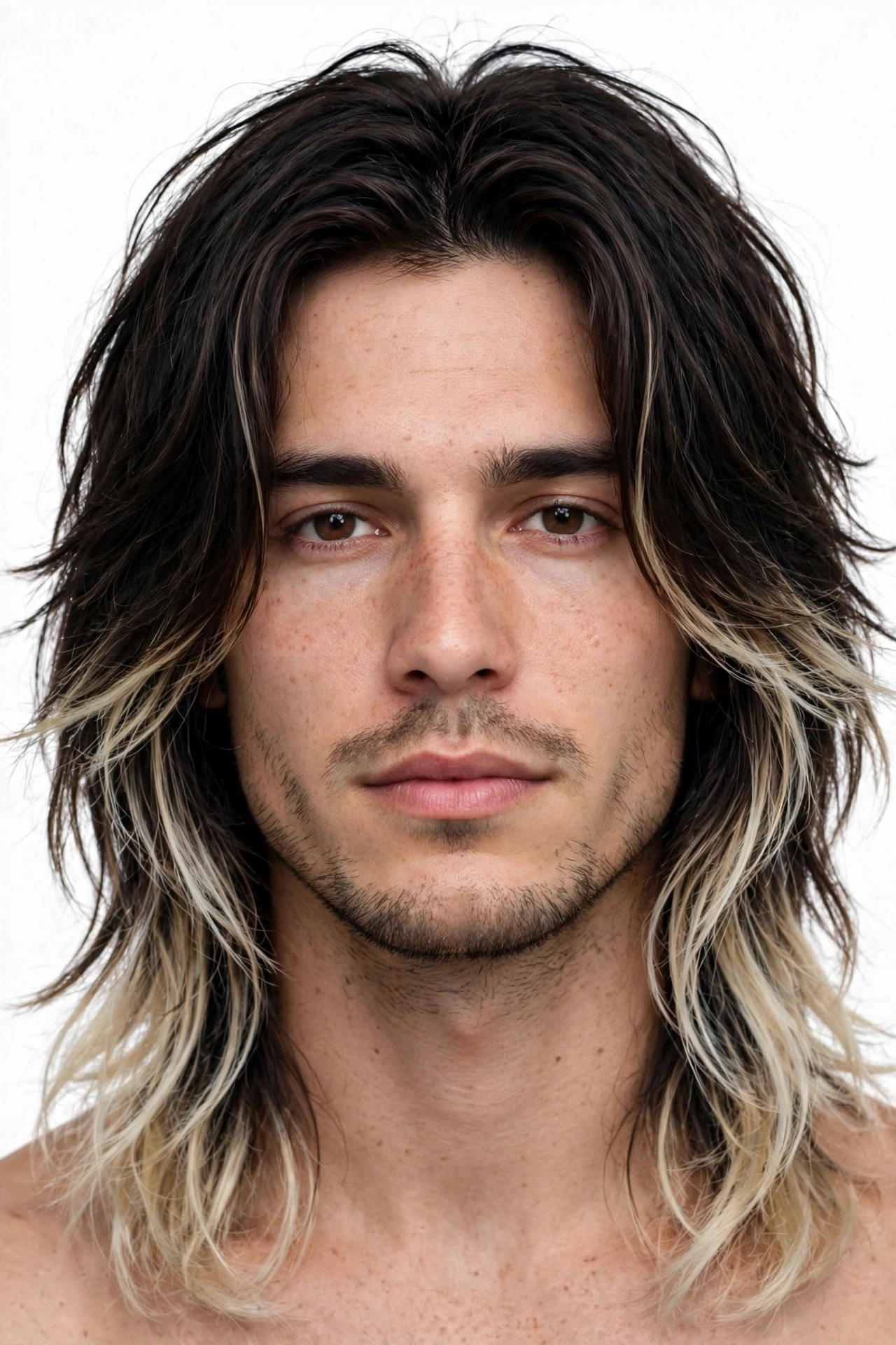 Long layered men's hair with frosted blonde tips, bleached ends on dark layered hair, premium men's hairstyle photography