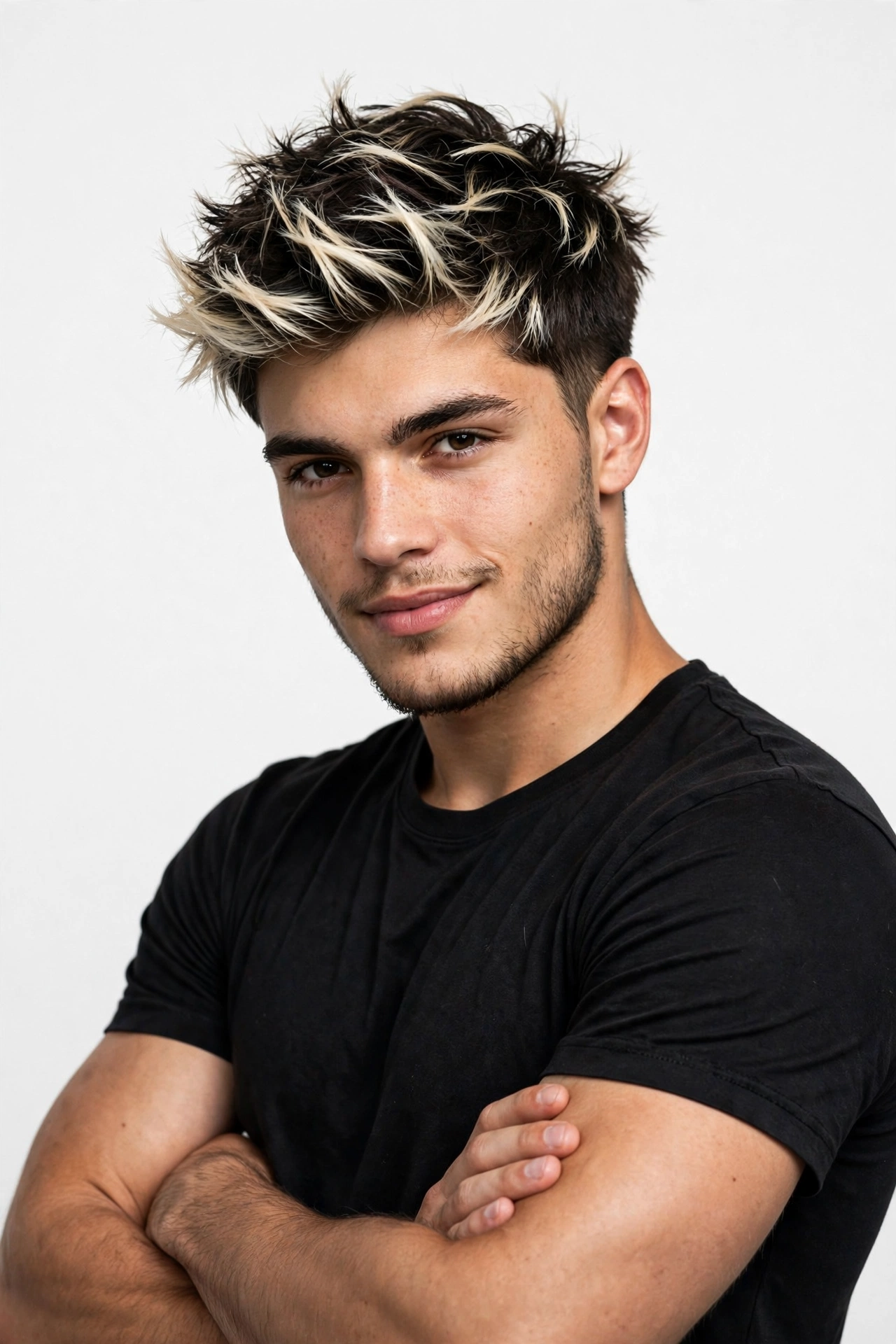 Confident young man with modern frosted tips, bleached blonde ends on textured dark crop, premium men's hairstyle photography