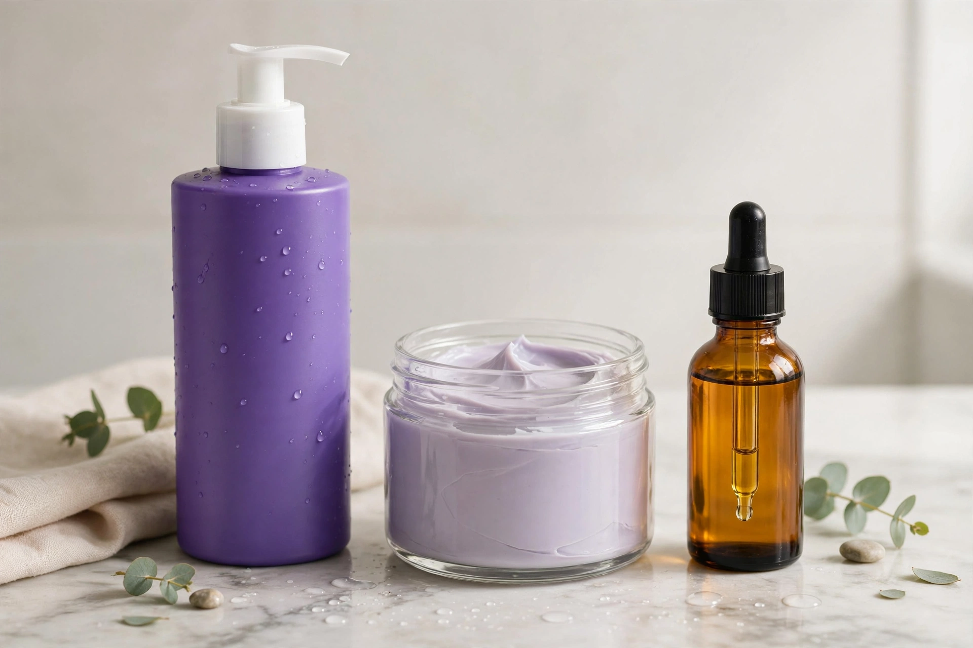 Hair care products for bleached hair — purple shampoo, conditioning mask, and oils arranged on a bathroom counter, product photography