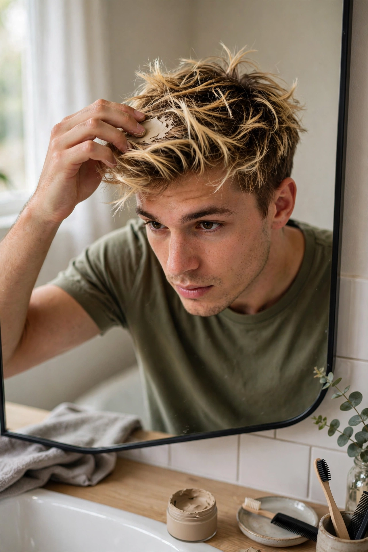 Young man styling his frosted tips hair at home with matte clay product, bathroom mirror, lifestyle photography