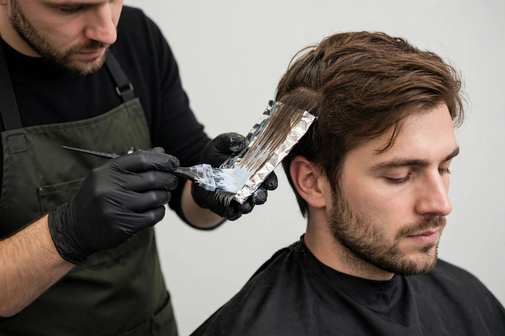 Barber bleaching the tips of a male client's hair in a modern barbershop, foils and highlighting technique, professional salon photography