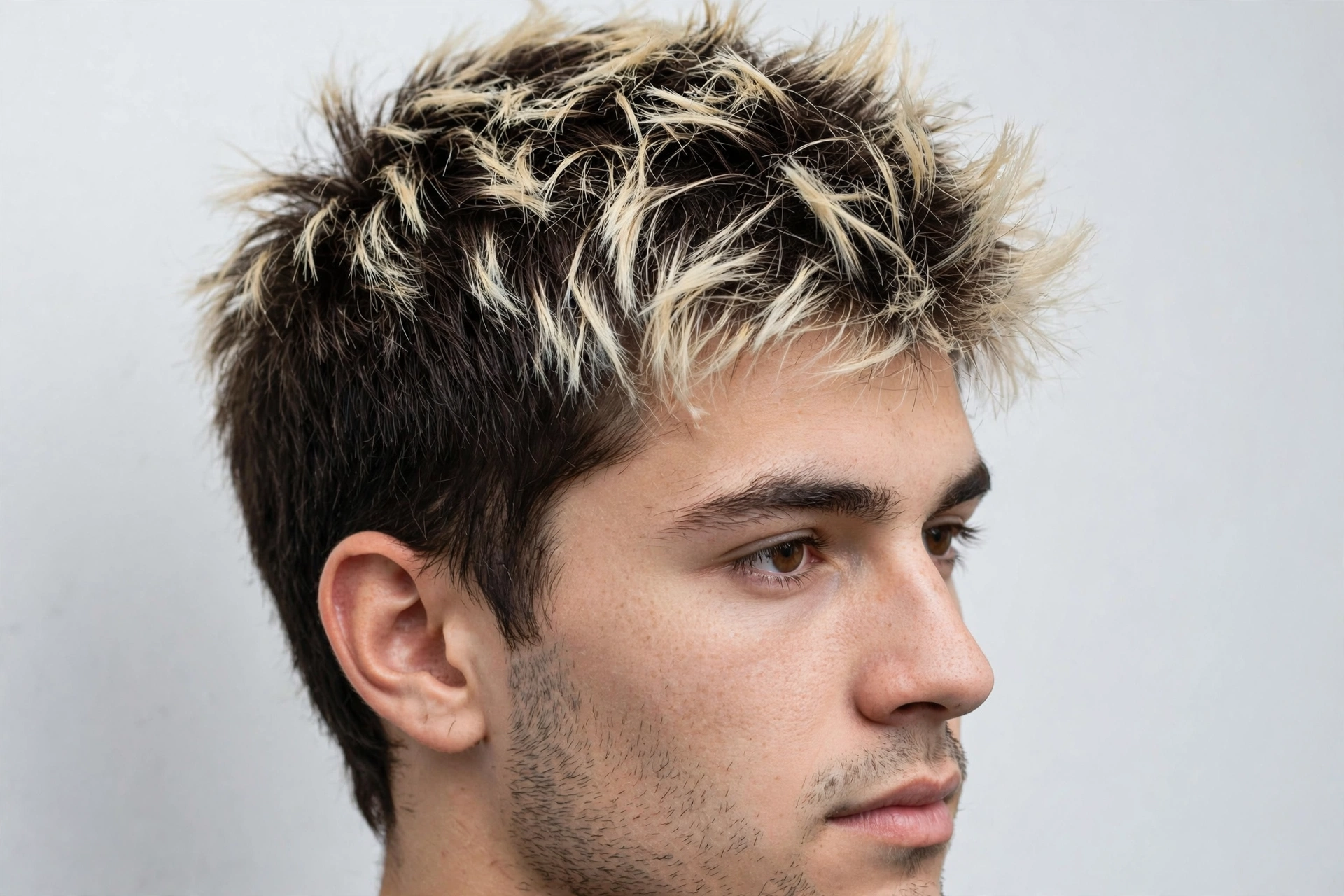 Close-up of modern frosted tips on a young man — bleached blonde tips on dark textured hair, professional barbershop photography, hair as hero