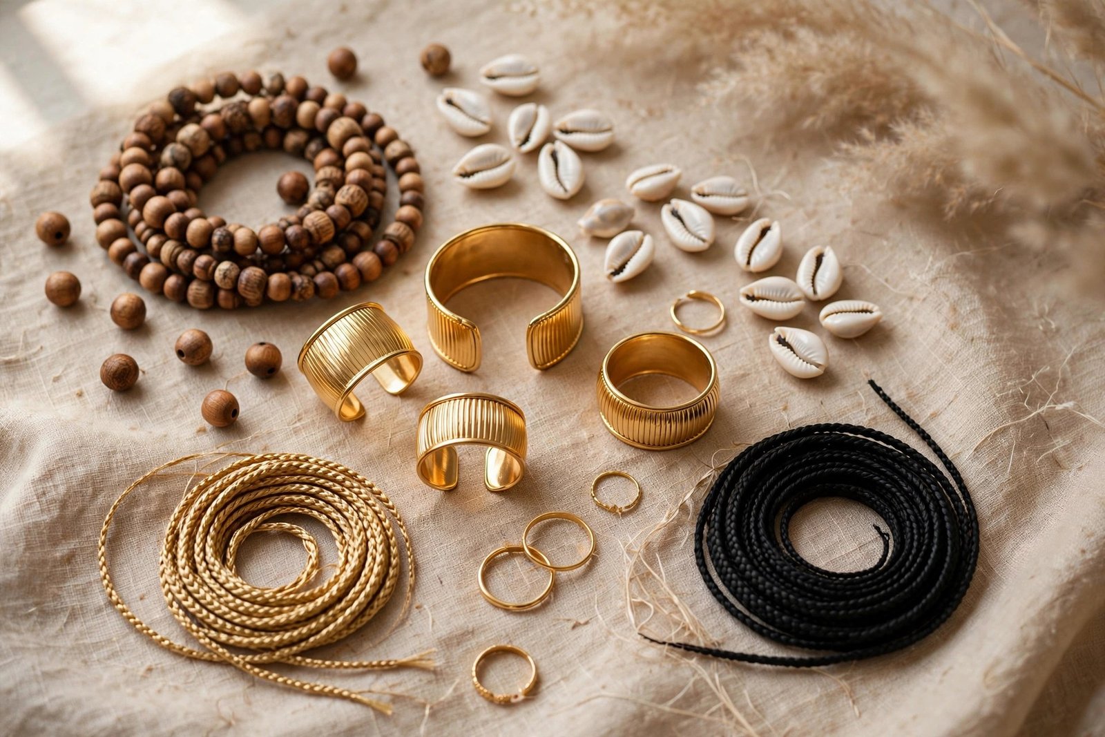 Flat lay of Fulani braid accessories — wooden beads, gold cuffs, cowrie shells, braiding thread arranged artfully, premi