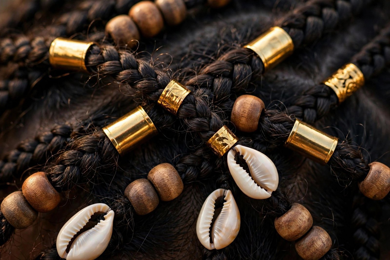 Close-up detail of gold cuffs, wooden beads and cowrie shells adorning Fulani braids, intricate craftsmanship, hair as t