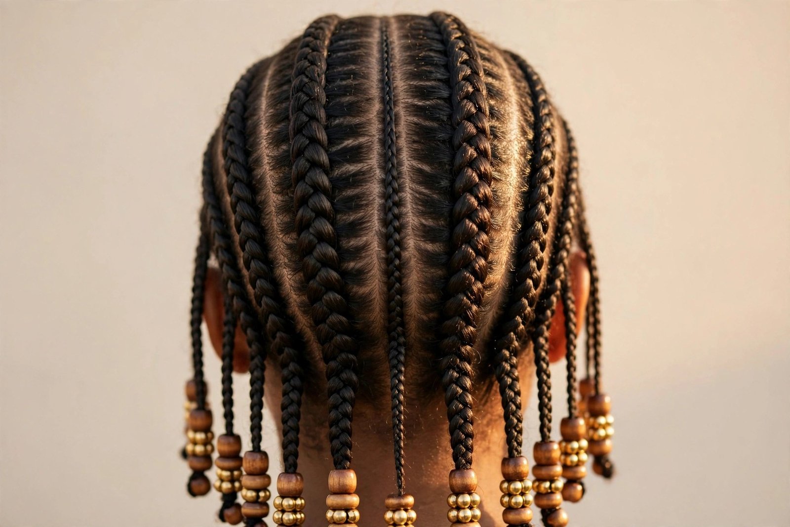 Classic heritage Fulani braids with center cornrows and beaded ends, timeless traditional look, hair as the hero, premiu