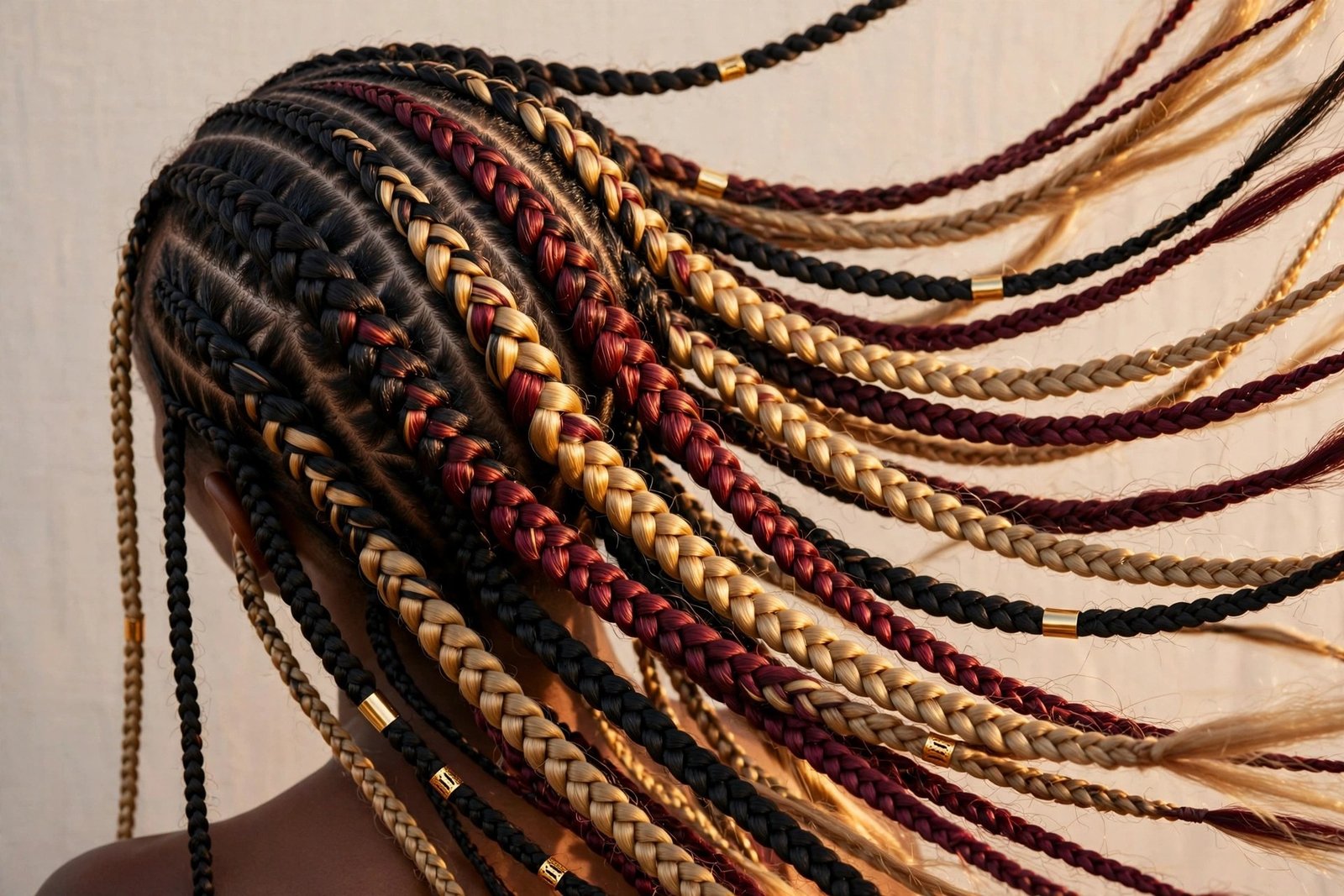 Fulani braids with honey-blonde and burgundy color accents woven through, vibrant dimension, hair as the hero, premium e