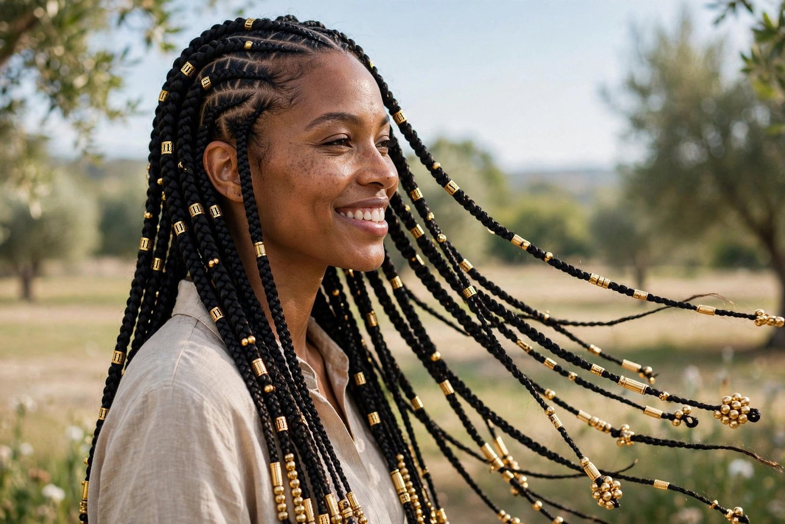 Woman with beautiful Fulani braids smiling confidently outdoors, natural light, hair as the hero, premium lifestyle phot