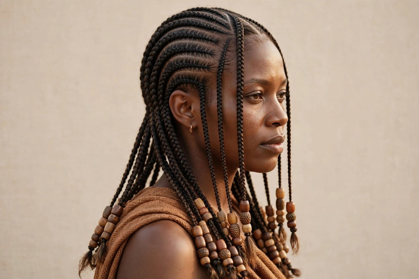 Portrait honoring the heritage of Fulani braids — West African woman with traditional cornrow braids and beaded adornmen