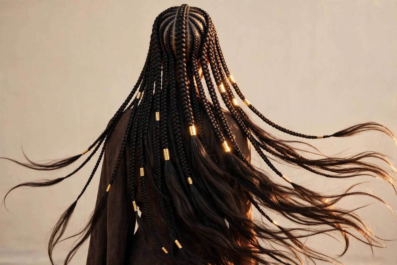 Long dramatic Fulani braids with flowing length past the waist, elegant movement, hair as the hero, premium editorial ha