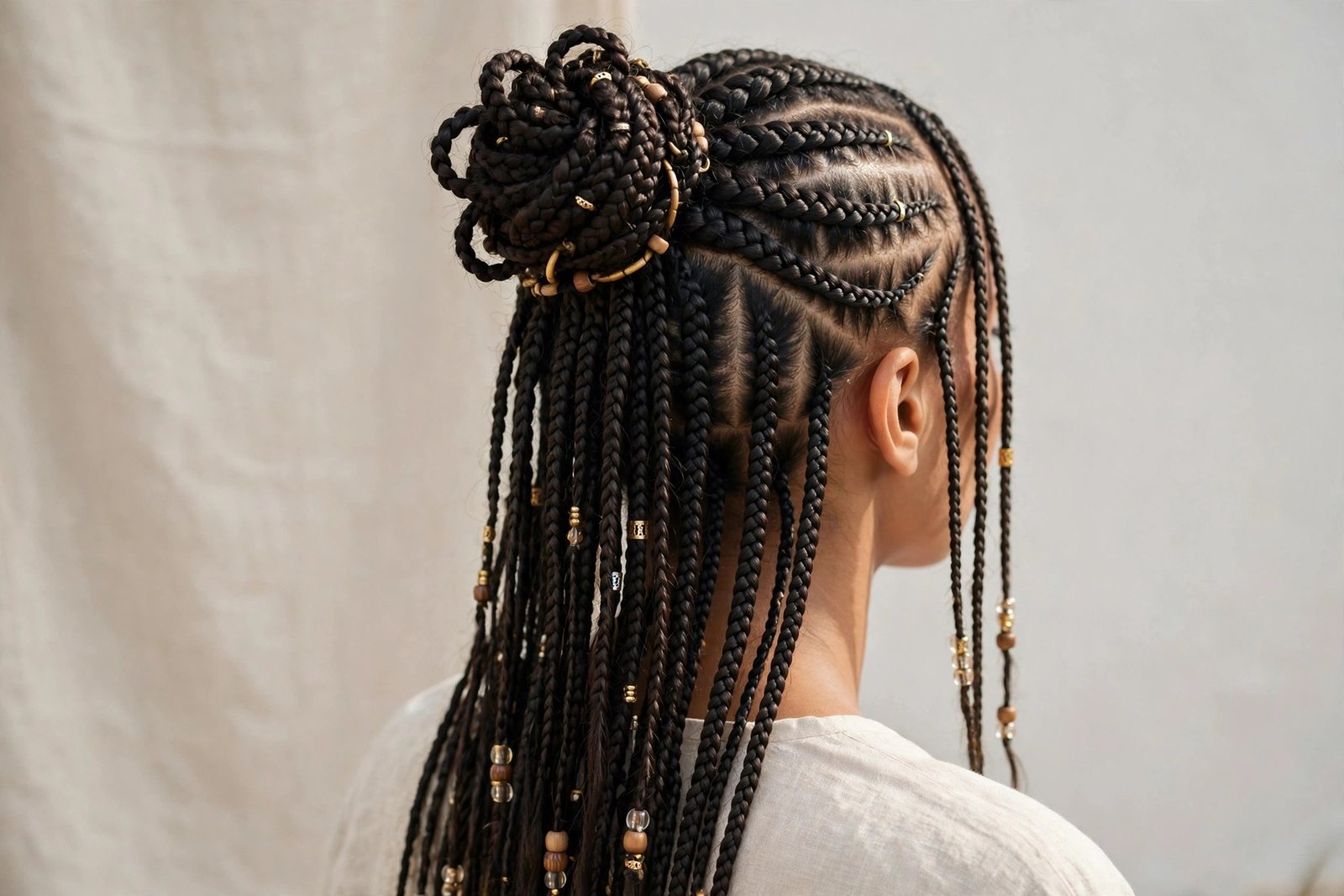 Modern 2026 Fulani braids half-up half-down style with beaded accents, contemporary and chic, hair as the hero, premium