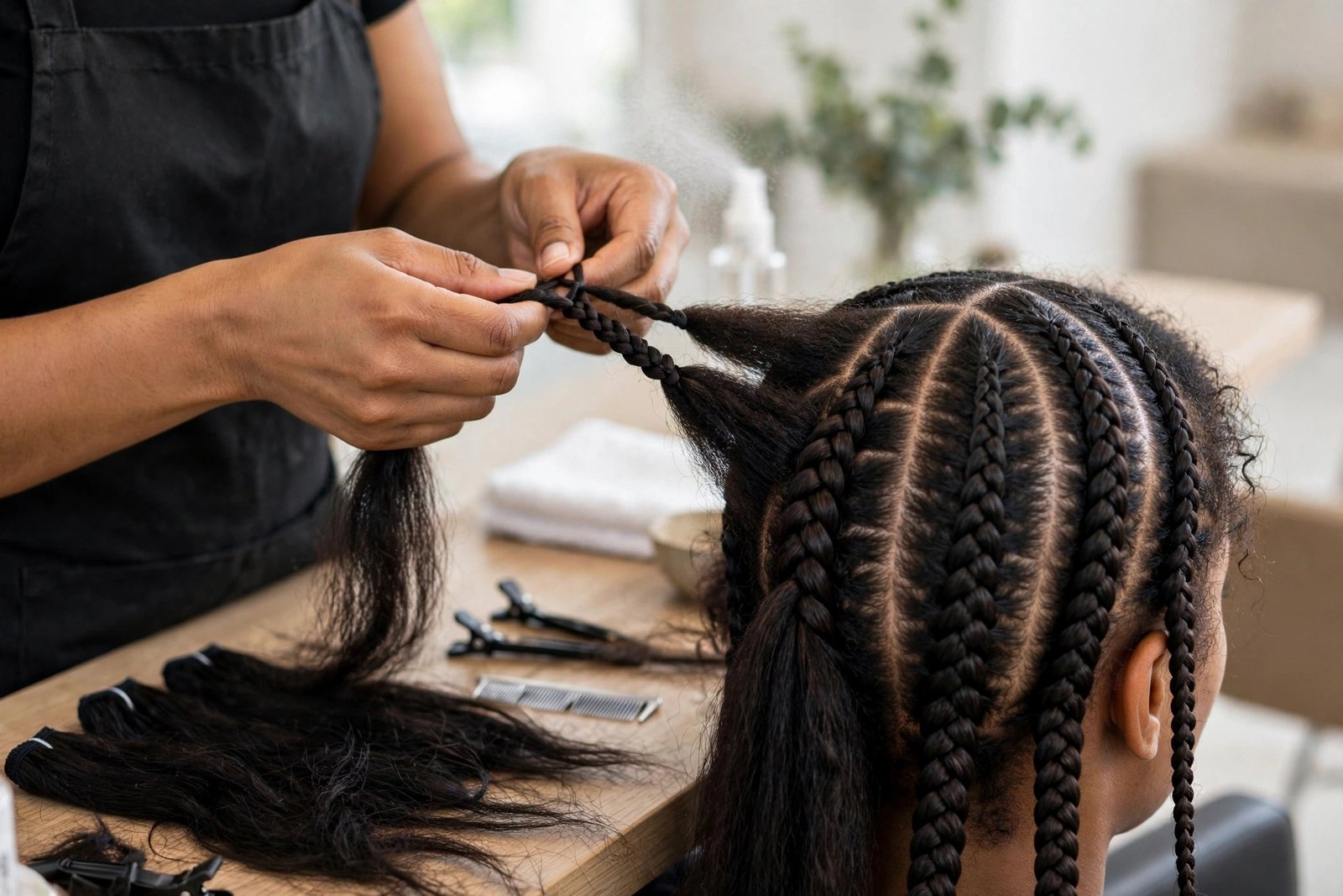 Professional braider installing Fulani braids in a salon, cornrows in progress, skilled hands at work, hair as the hero,