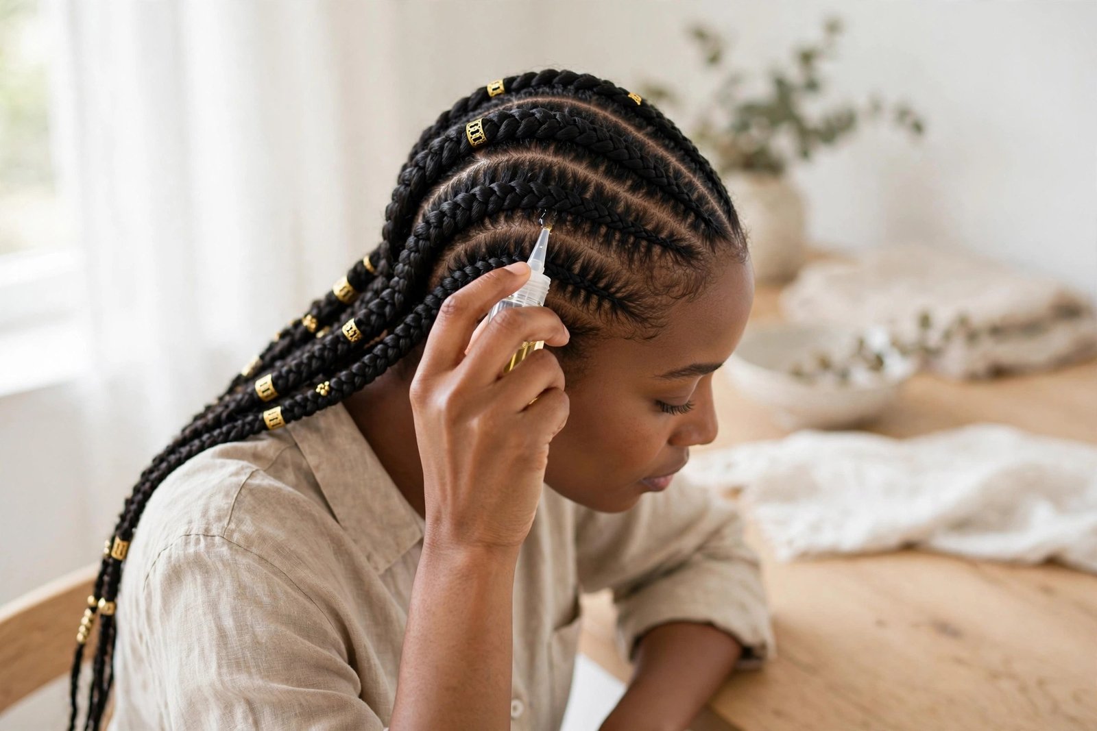 Woman applying light oil to her scalp between Fulani braids with a nozzle applicator bottle, healthy scalp care routine,