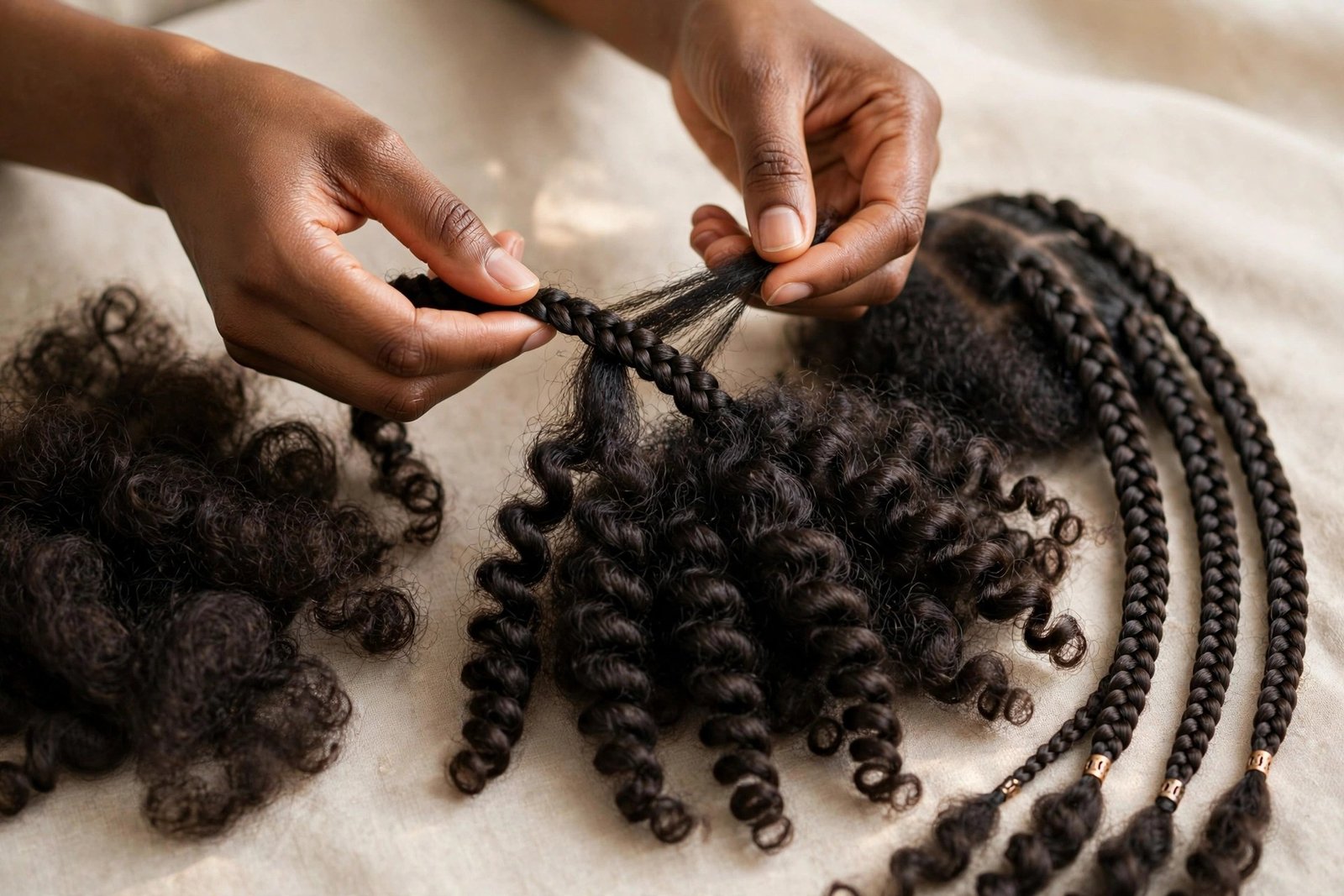 Gentle take-down of Fulani braids showing healthy natural hair underneath, careful removal process, hair as the hero, pr