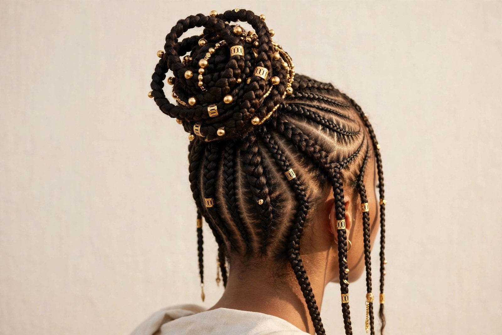 Fulani braids styled into an elegant high bun updo, regal and polished, hair as the hero, premium editorial hair photogr