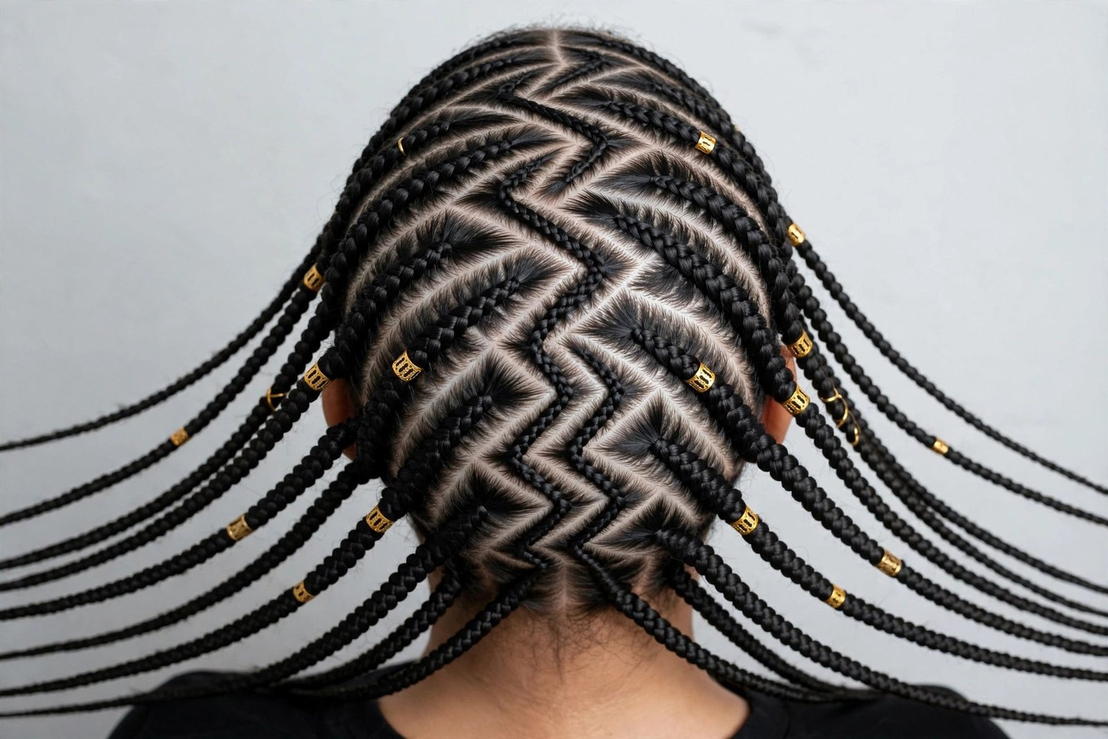 Fulani braids with intricate zigzag center parting pattern, geometric precision, hair as the hero, premium editorial hai