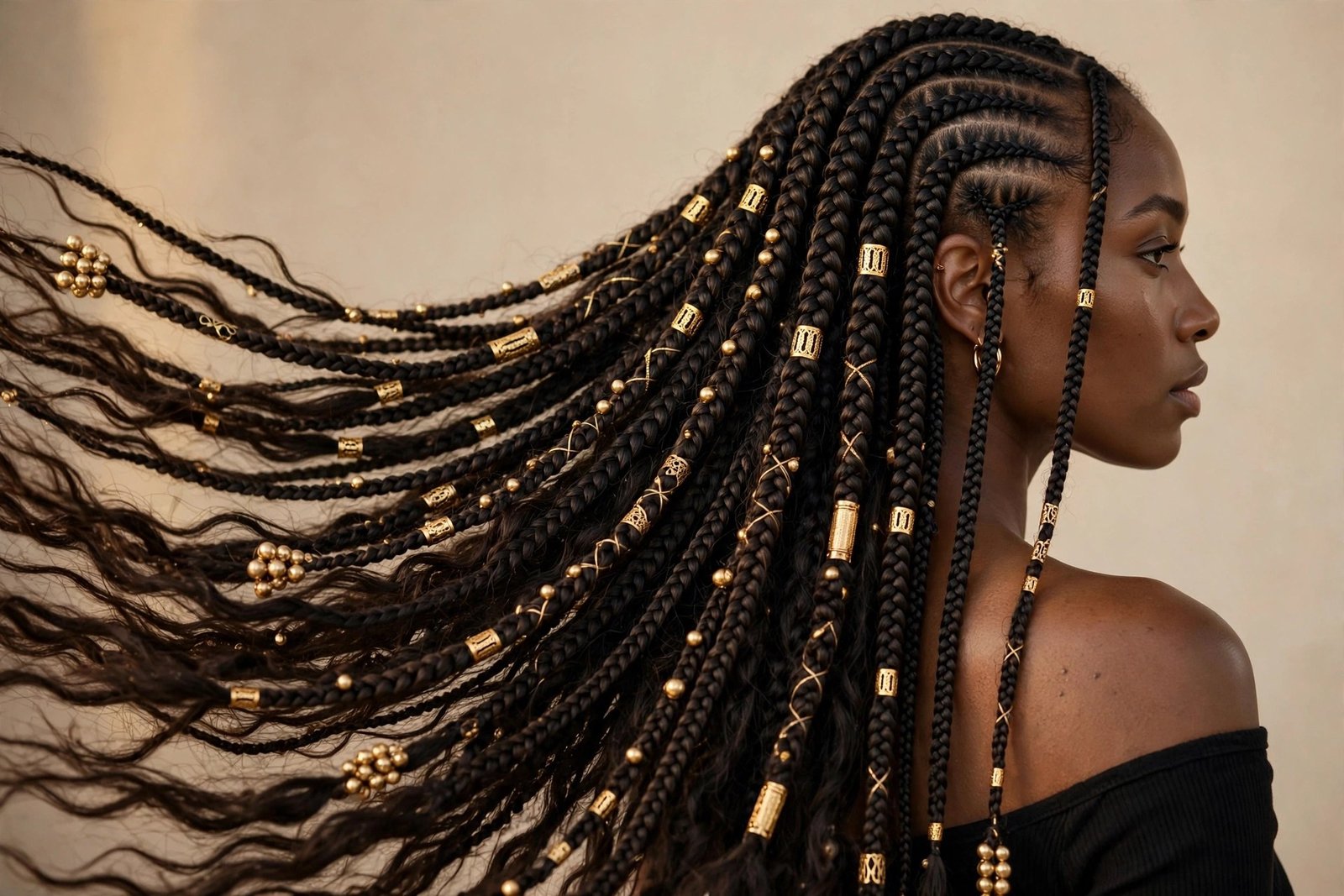 Hero shot of a woman with stunning Fulani braids adorned with gold beads and cuffs, cornrows down the center, hair as th