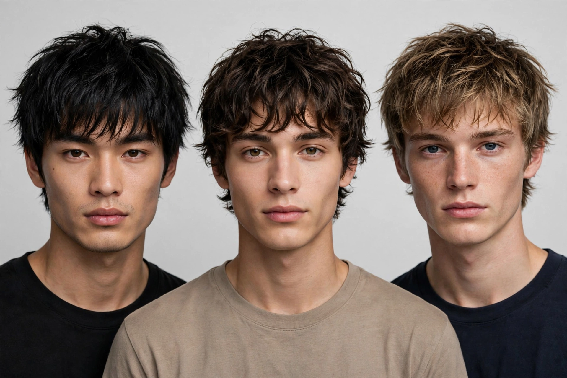 three male models with different face shapes wearing genji cuts, studio lighting