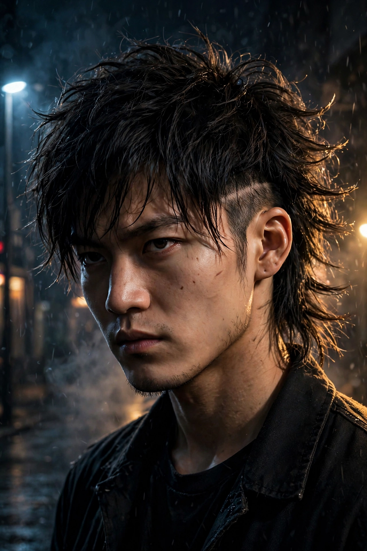 cinematic portrait of a man with Takiya Genji inspired hairstyle, dramatic lighting