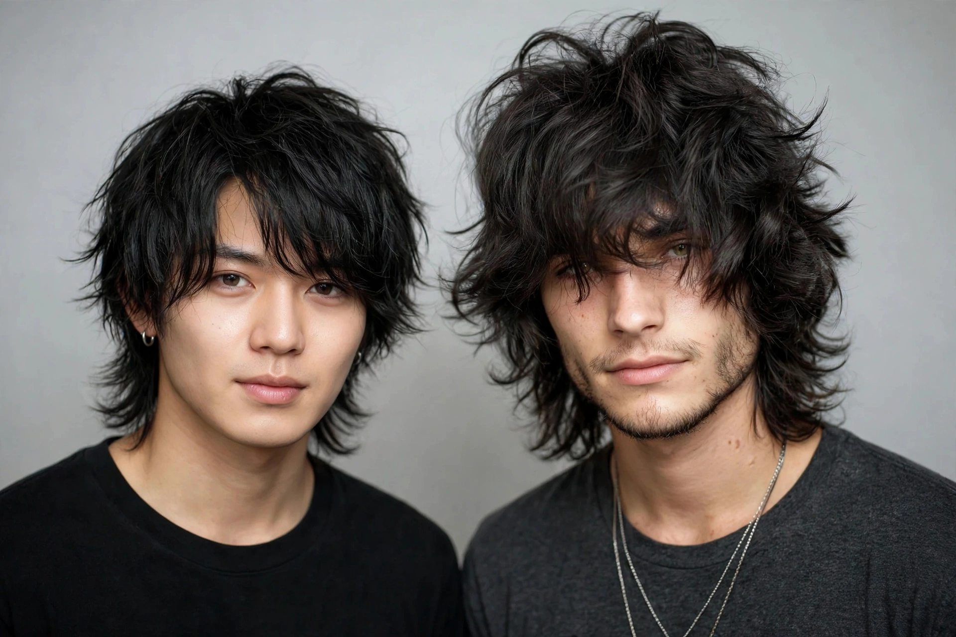 side-by-side comparison of genji cut and wolf cut on two men