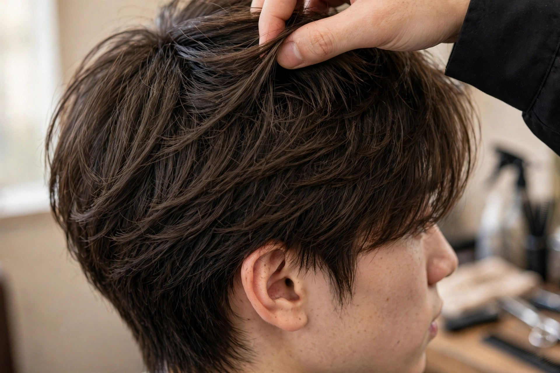 close-up of a man's hair showing medium layered length for genji cut